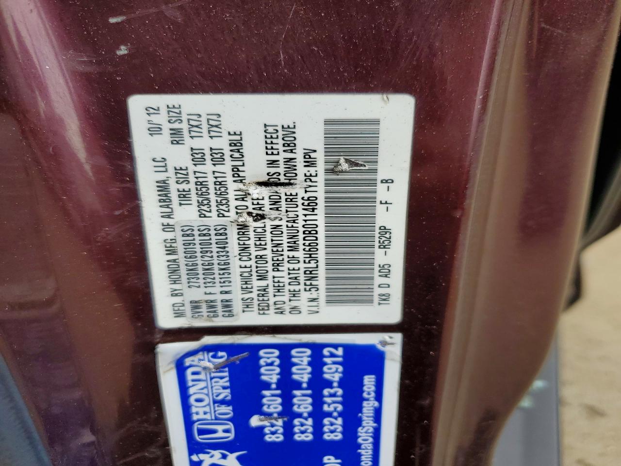 2013 Honda Odyssey Exl Burgundy vin: 5FNRL5H66DB011466