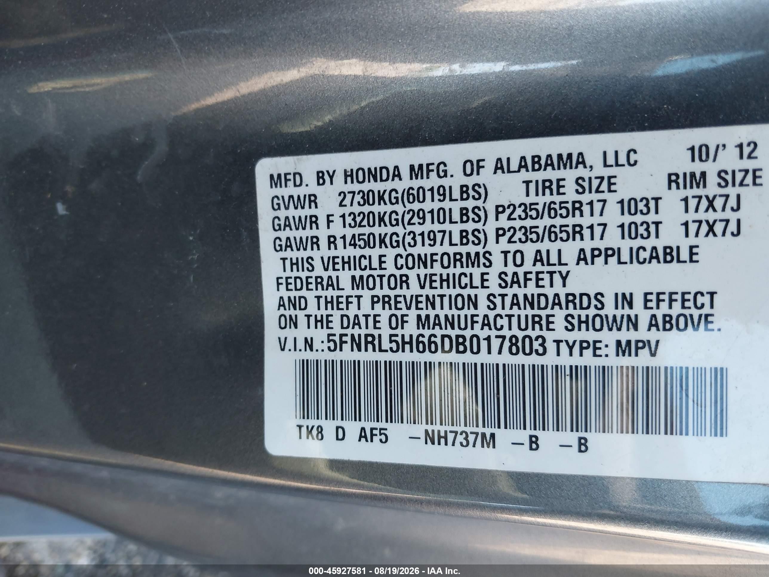 2013 Honda Odyssey Ex-l Gray vin: 5FNRL5H66DB017803