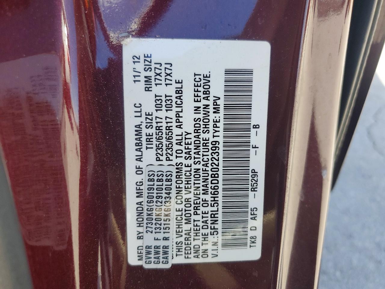 2013 Honda Odyssey Exl Burgundy vin: 5FNRL5H66DB022399