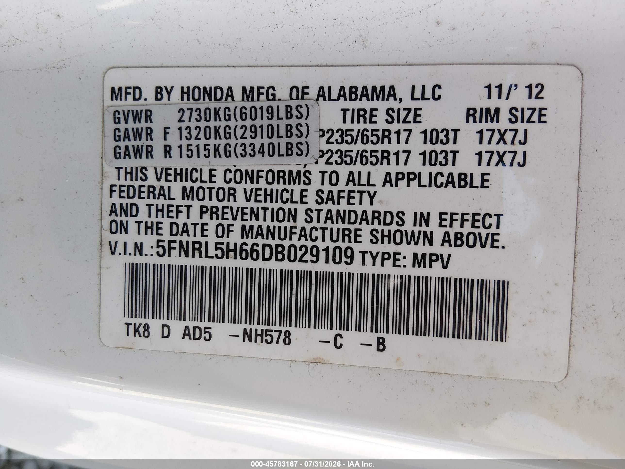 2013 Honda Odyssey Ex-l White vin: 5FNRL5H66DB029109