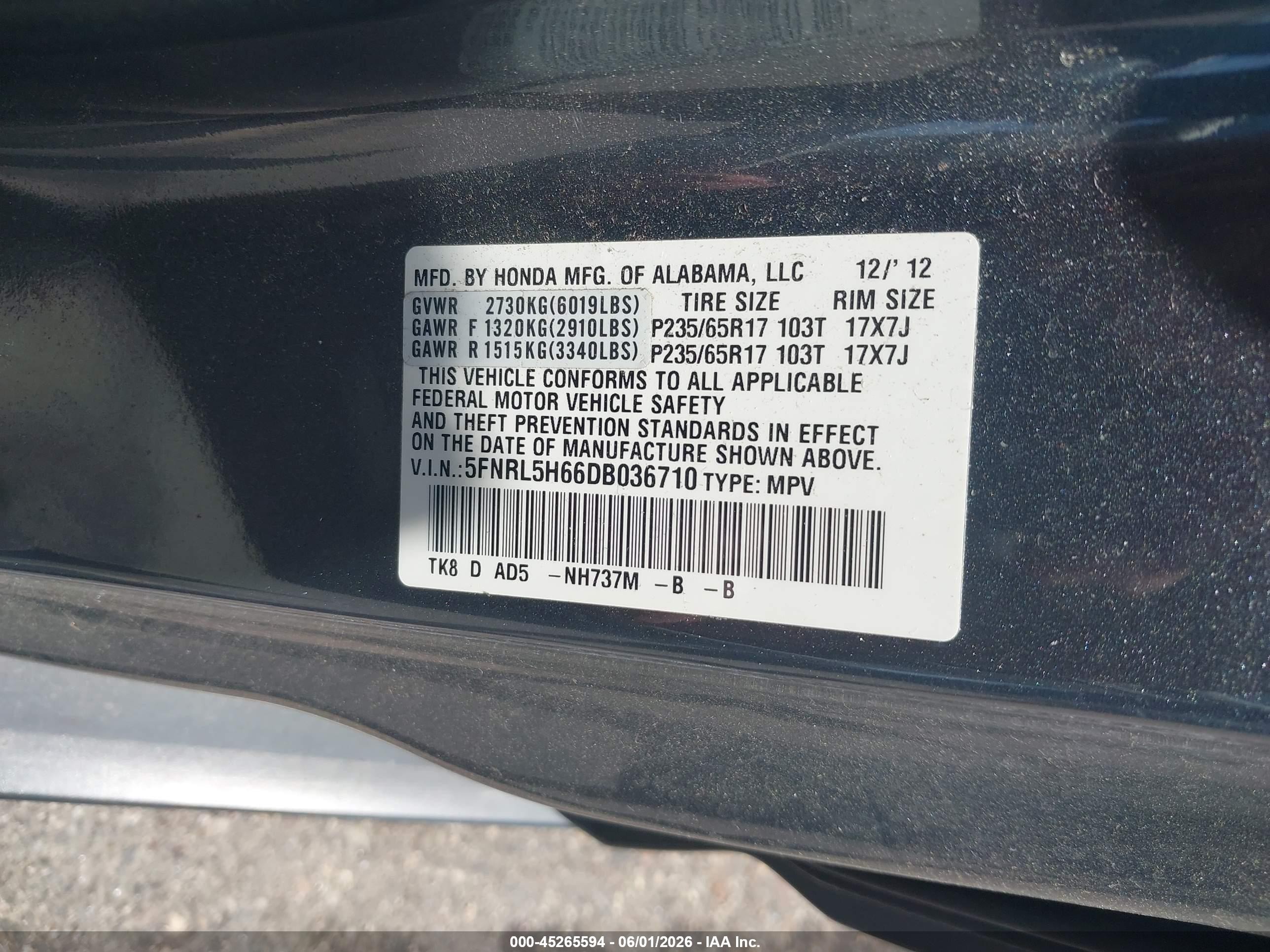 2013 Honda Odyssey Ex-l Gray vin: 5FNRL5H66DB036710