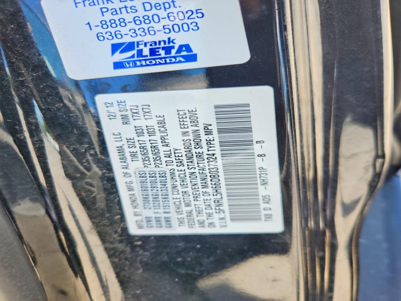 2013 Honda Odyssey Exl Black vin: 5FNRL5H66DB037324