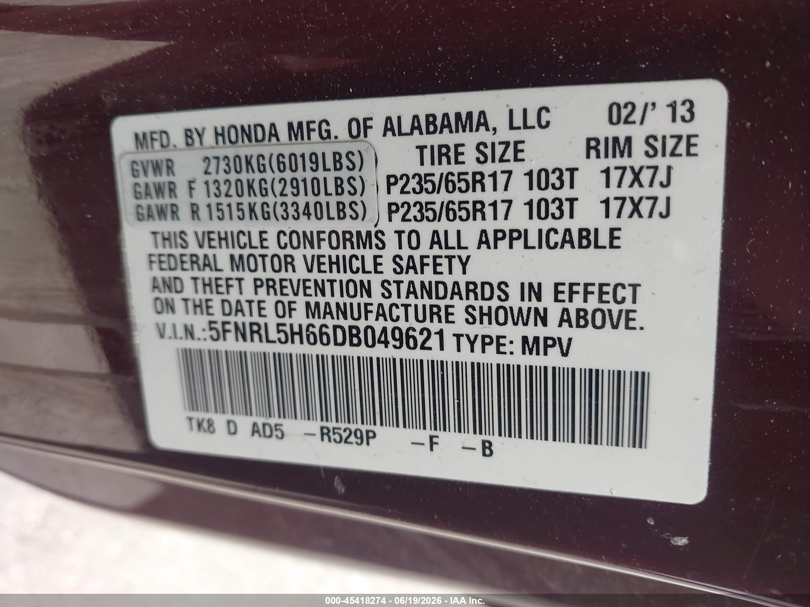 2013 Honda Odyssey Ex-l Burgundy vin: 5FNRL5H66DB049621