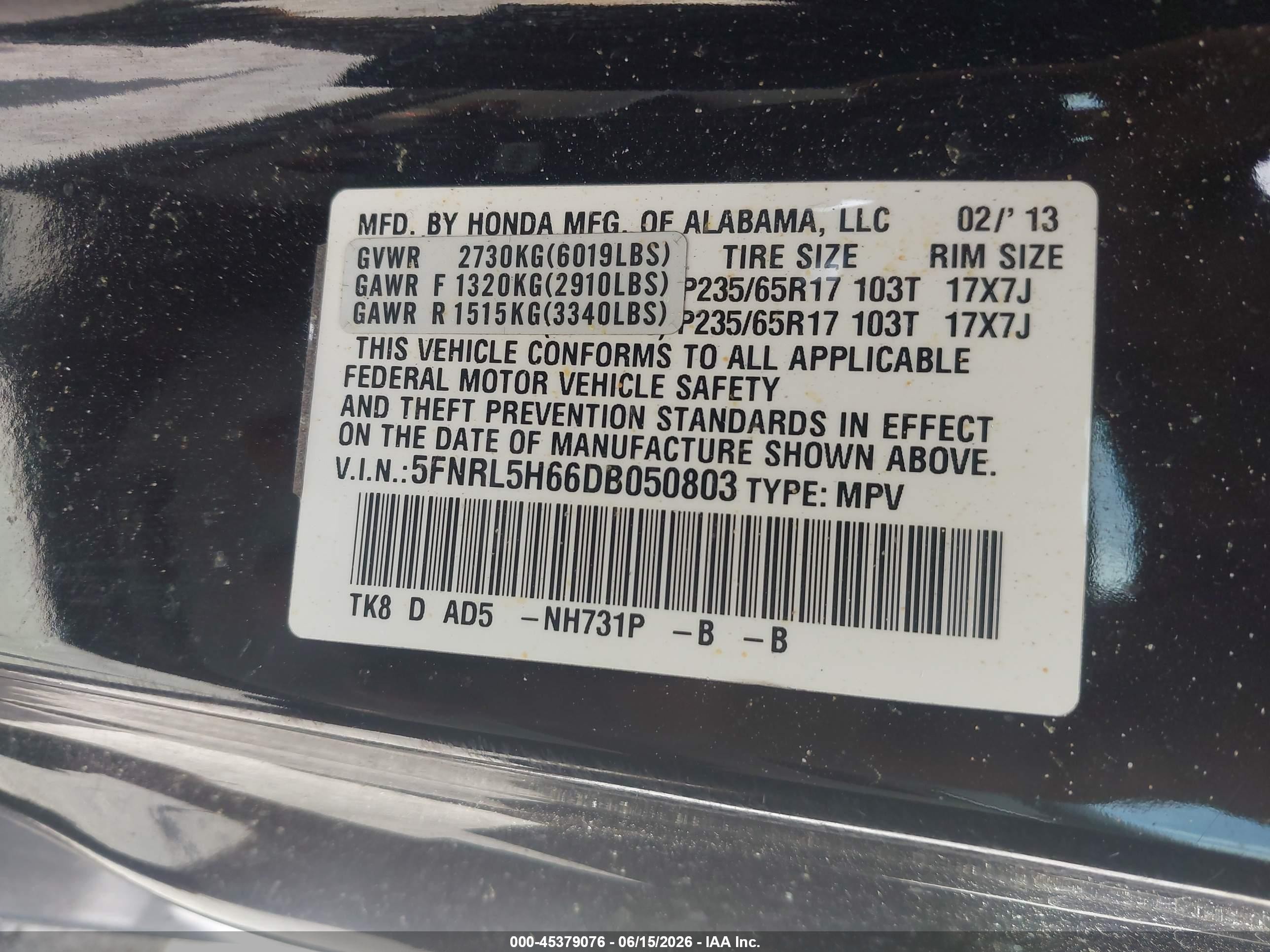 2013 Honda Odyssey Ex-l Black vin: 5FNRL5H66DB050803