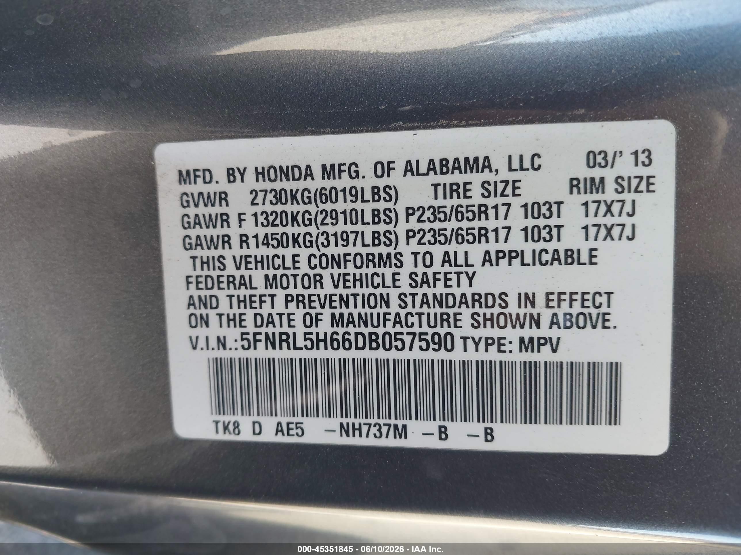 2013 Honda Odyssey Ex-l Gray vin: 5FNRL5H66DB057590