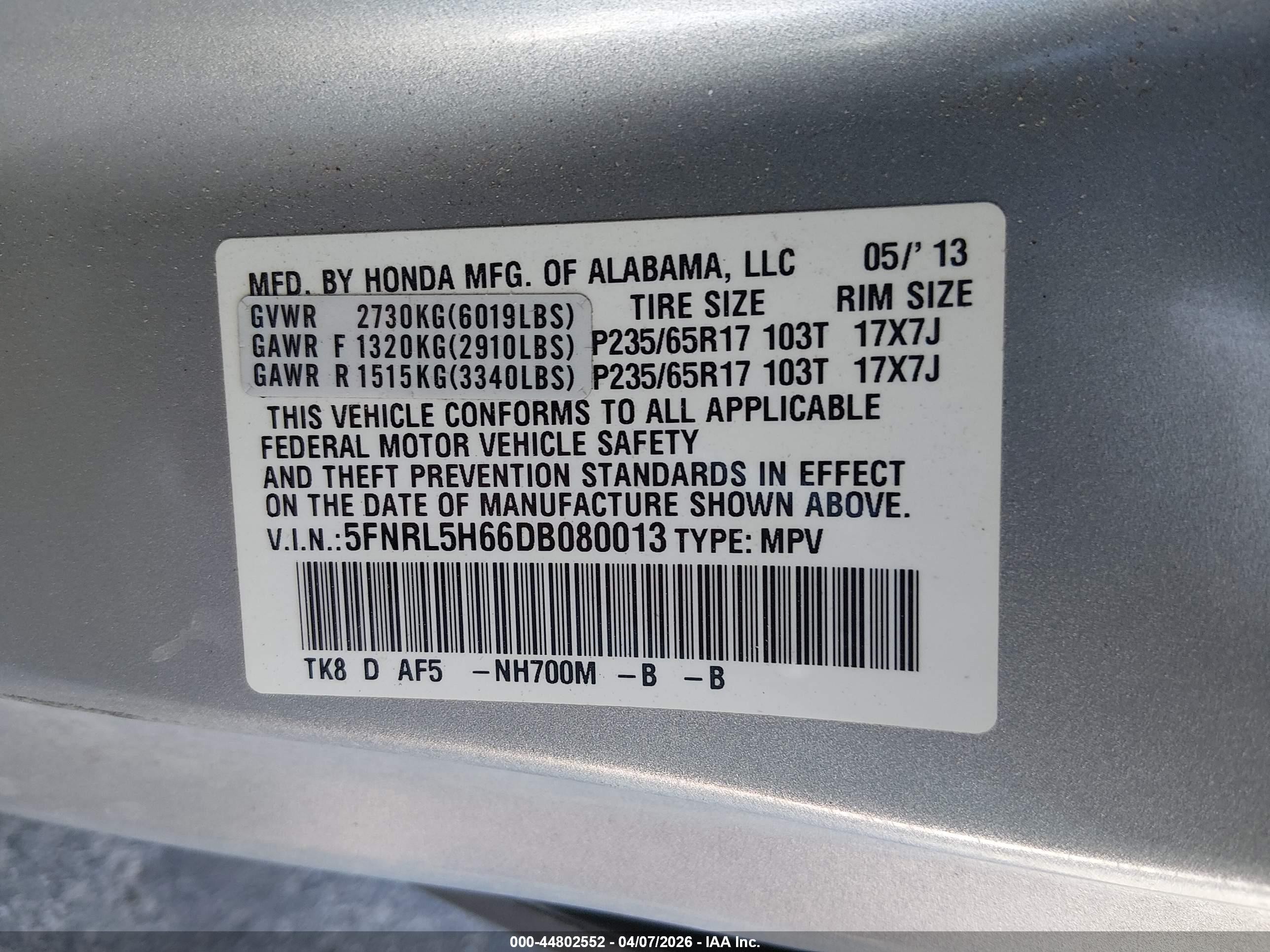 2013 Honda Odyssey Ex-l Silver vin: 5FNRL5H66DB080013
