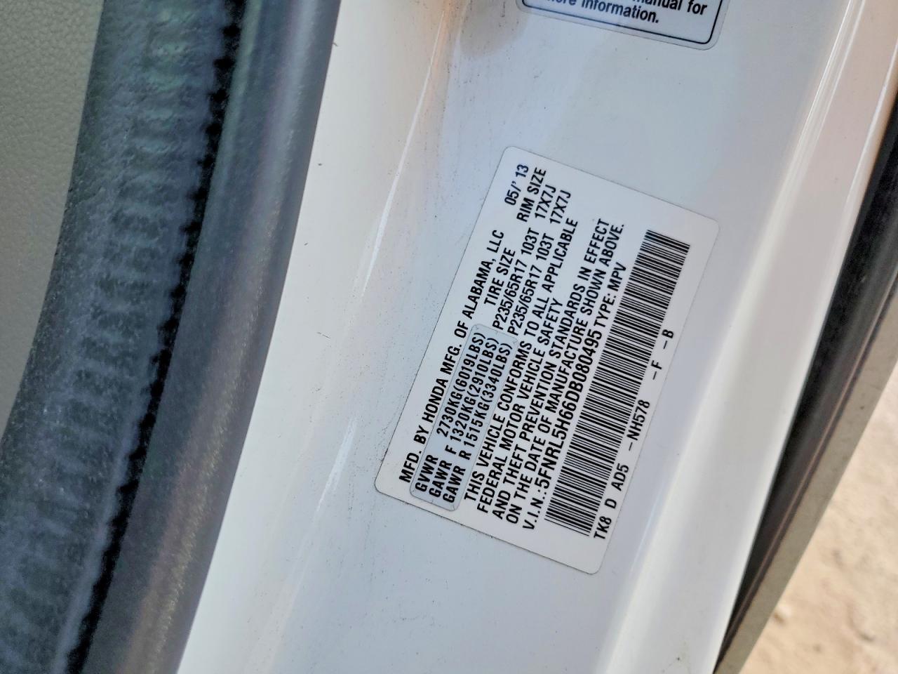 2013 Honda Odyssey Exl White vin: 5FNRL5H66DB080495