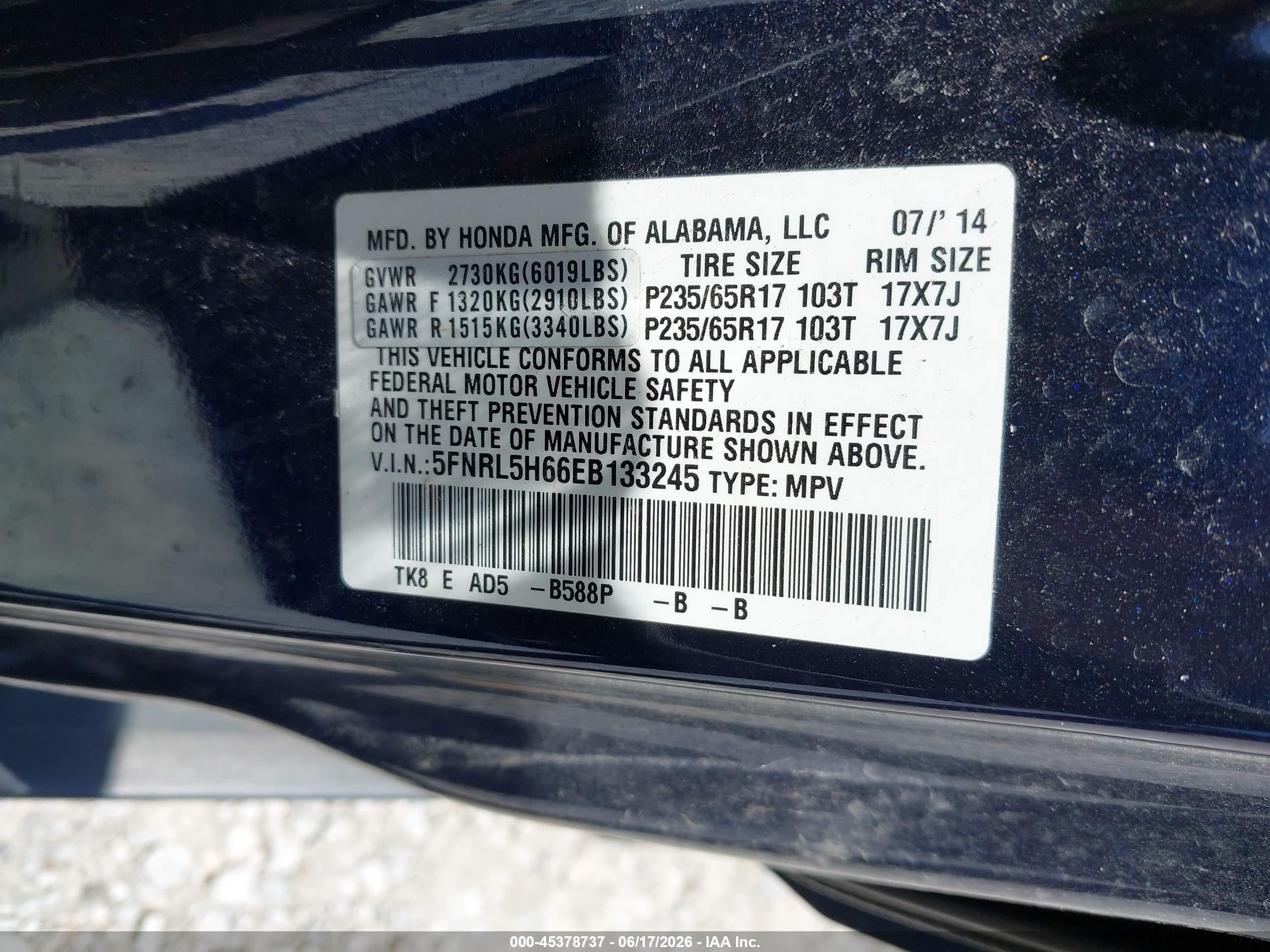 2014 Honda Odyssey Ex-l Синий vin: 5FNRL5H66EB133245