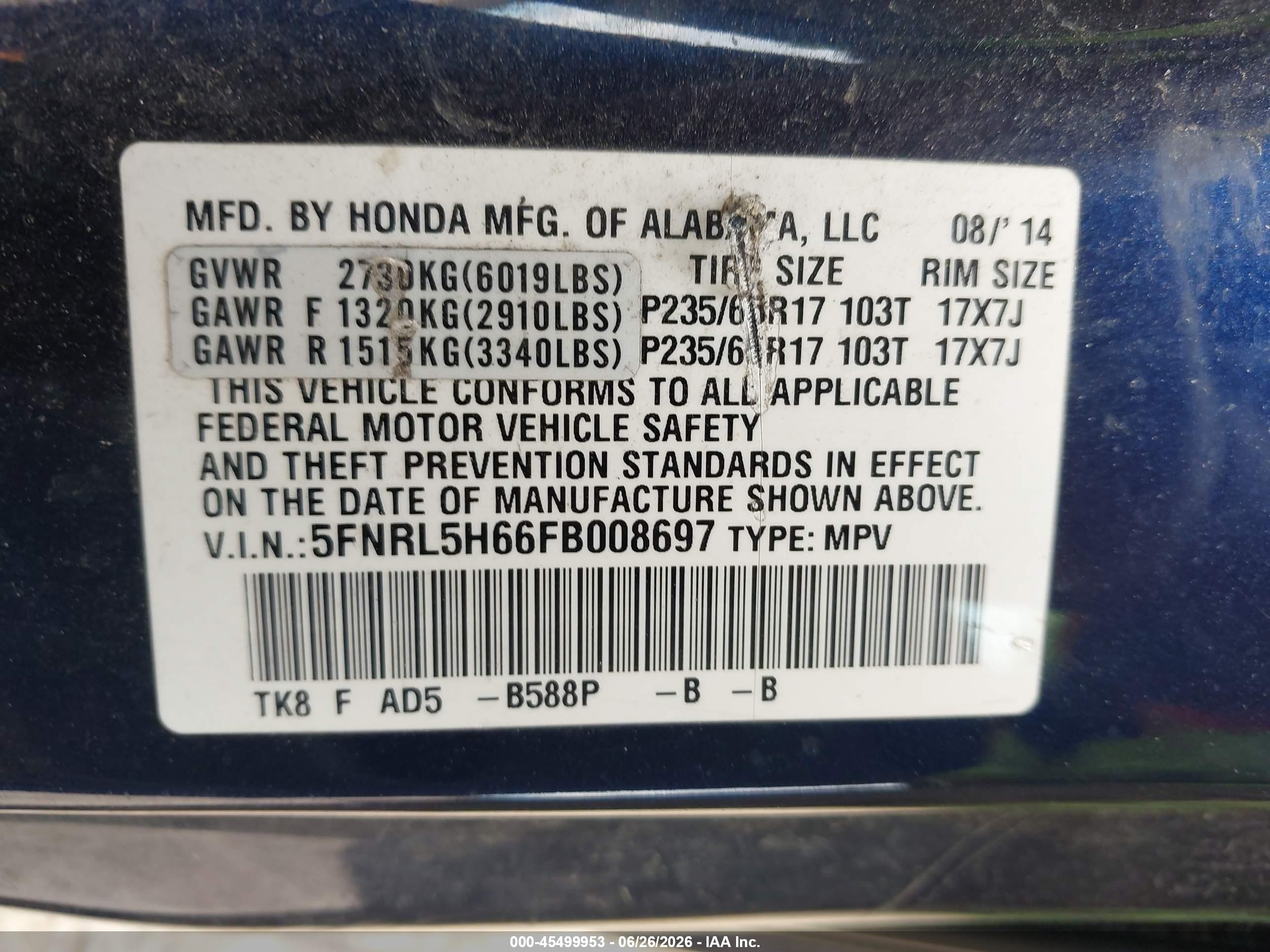 2015 Honda Odyssey Ex-l Blue vin: 5FNRL5H66FB008697
