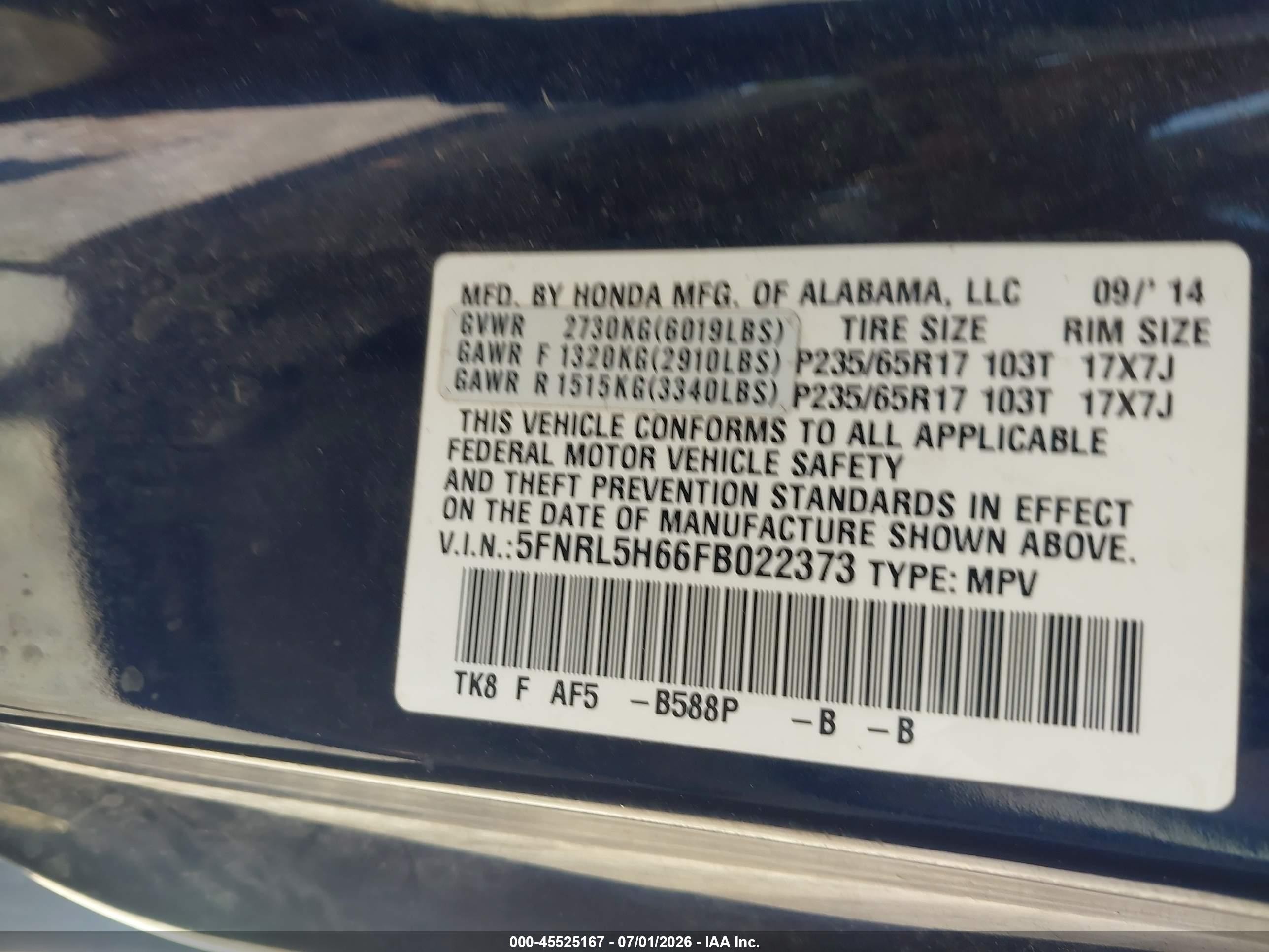 2015 Honda Odyssey Ex-l Blue vin: 5FNRL5H66FB022373
