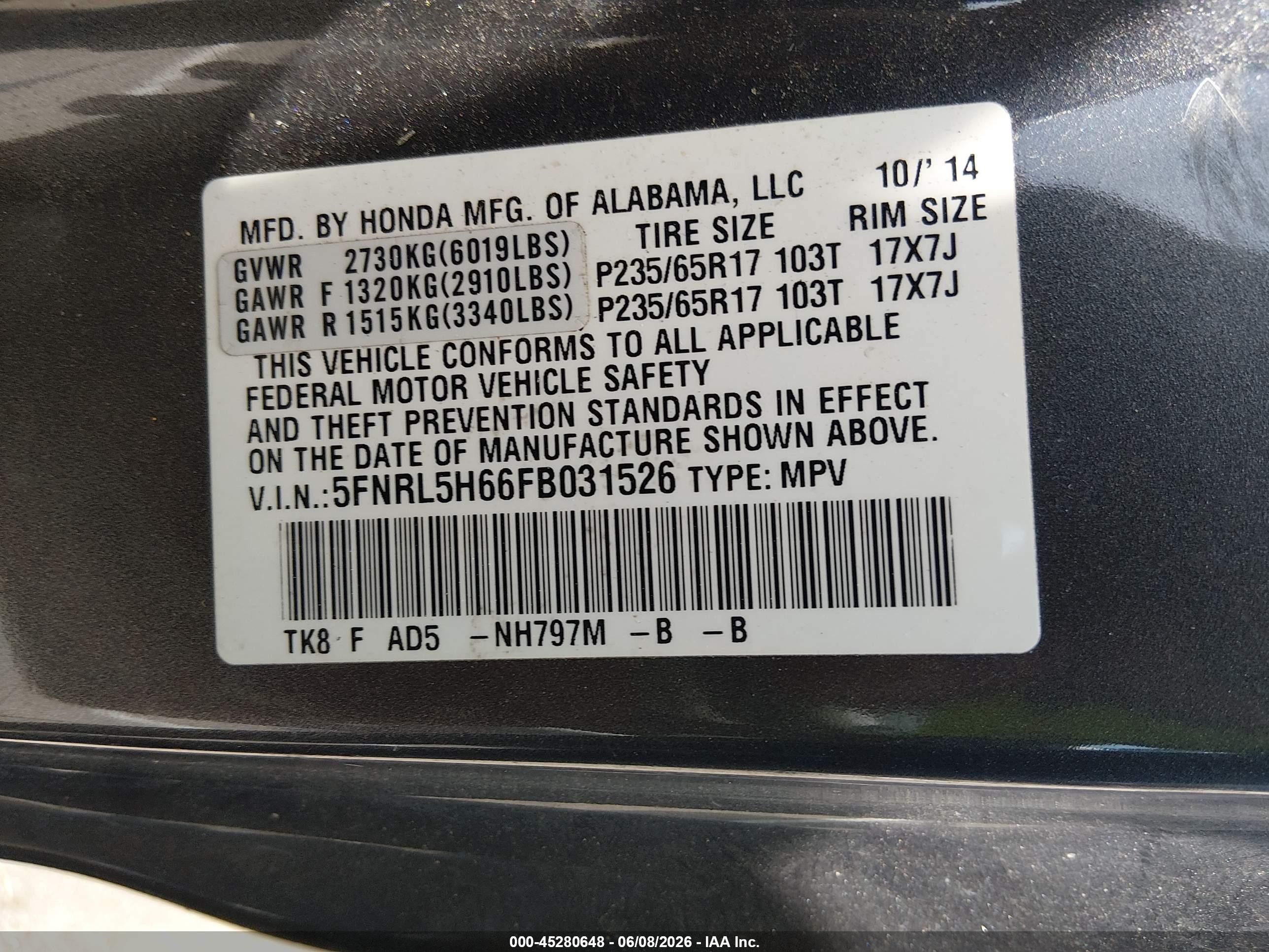 2015 Honda Odyssey Ex-l Gray vin: 5FNRL5H66FB031526