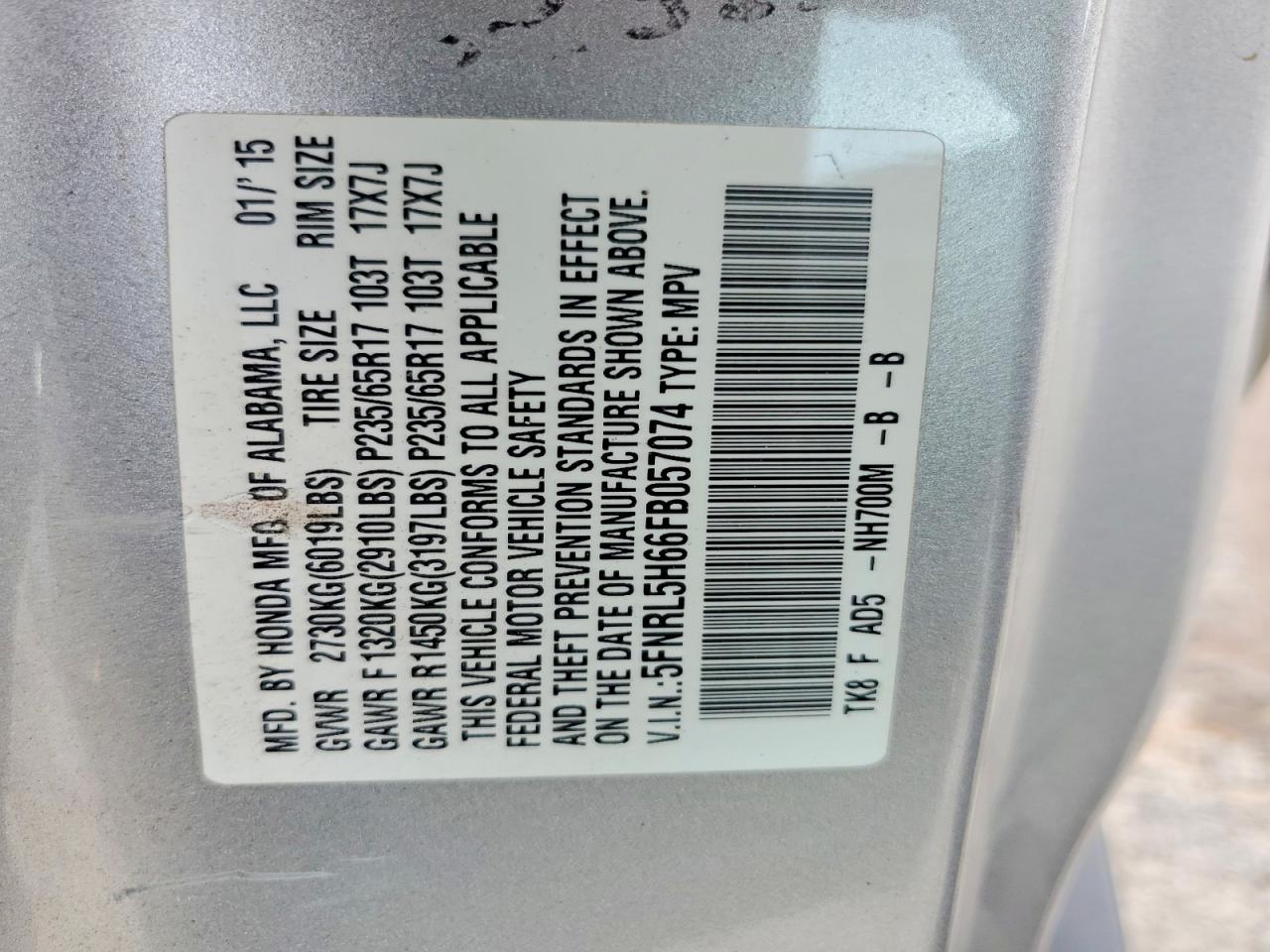2015 Honda Odyssey Exl Silver vin: 5FNRL5H66FB057074