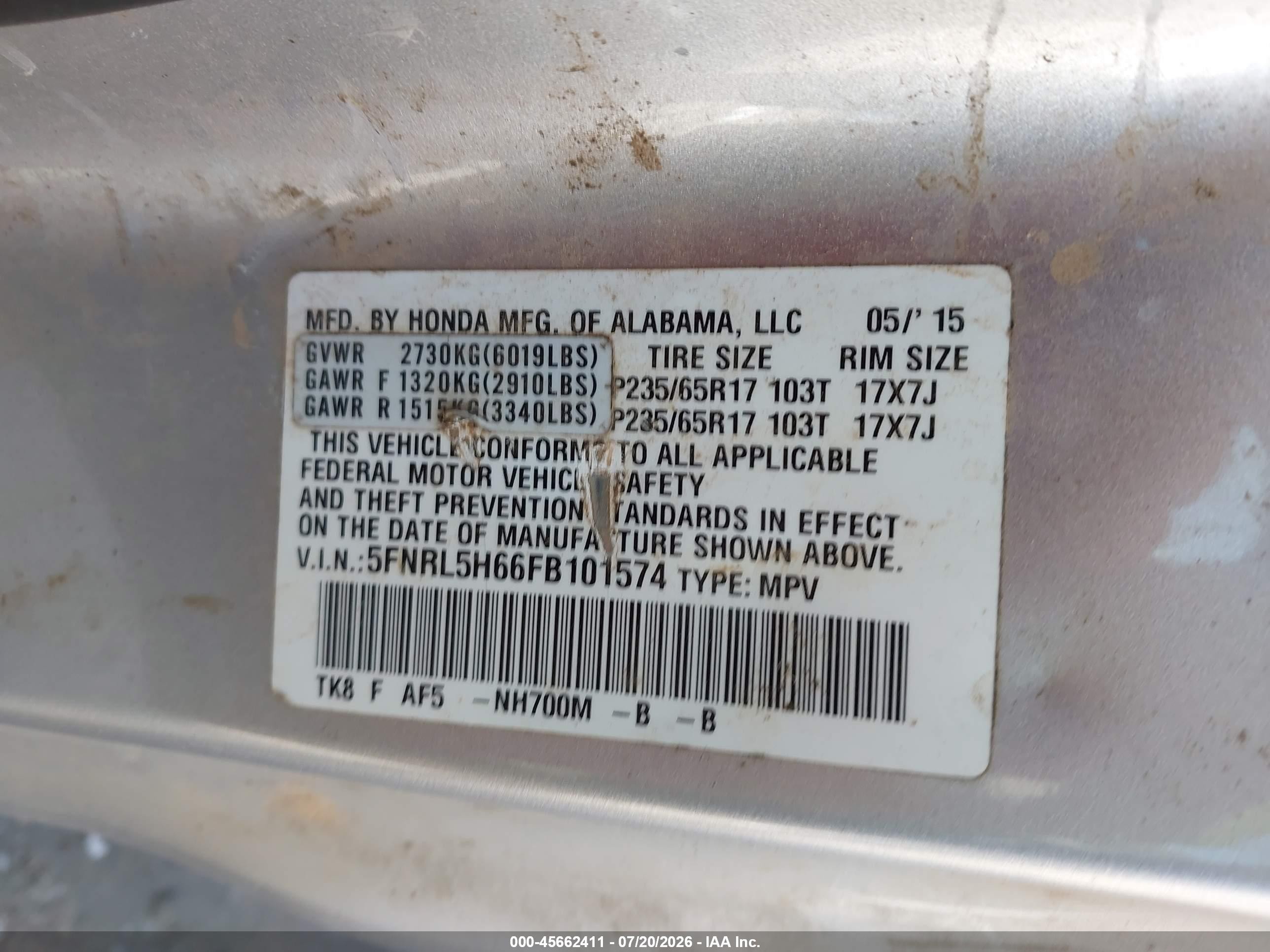 2015 Honda Odyssey Ex-l Серебряный vin: 5FNRL5H66FB101574