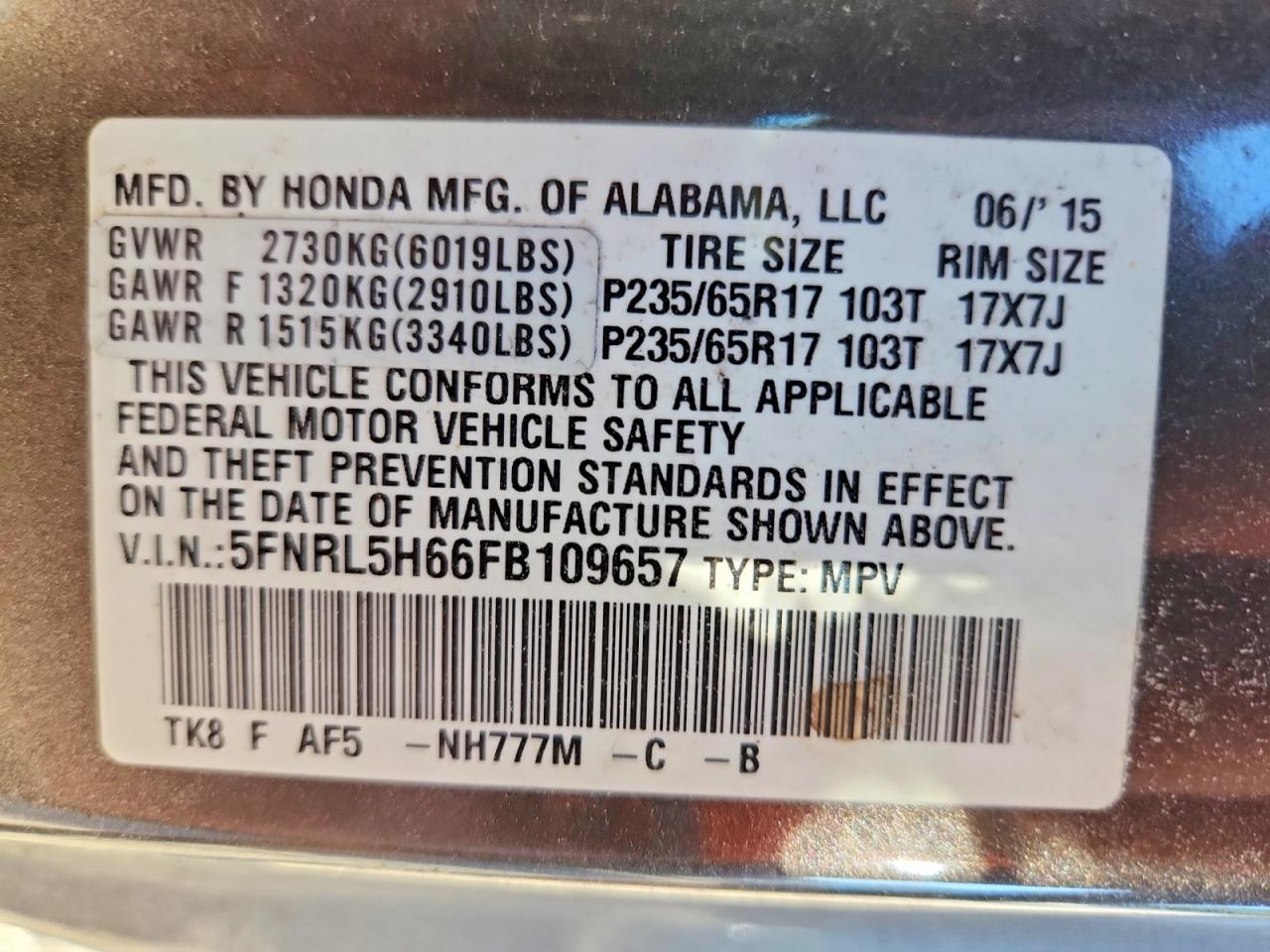2015 Honda Odyssey Exl Gray vin: 5FNRL5H66FB109657