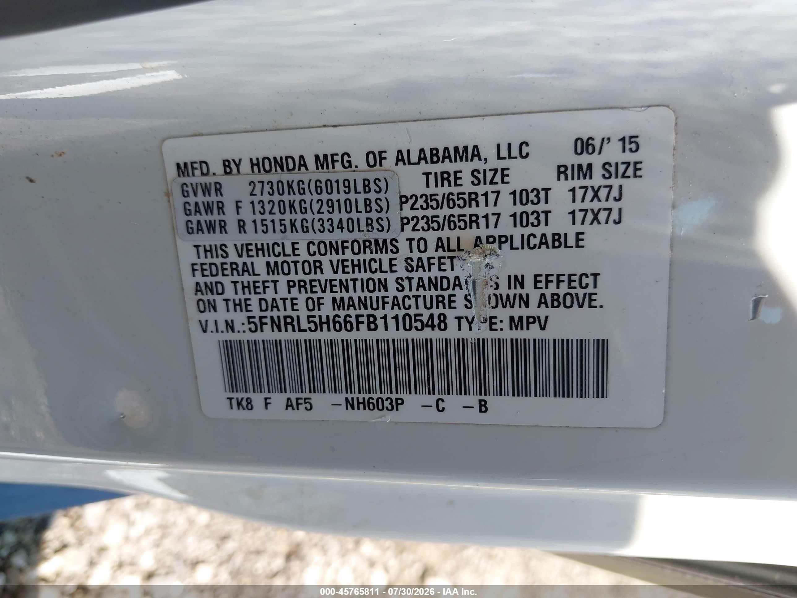 2015 Honda Odyssey Ex-l White vin: 5FNRL5H66FB110548