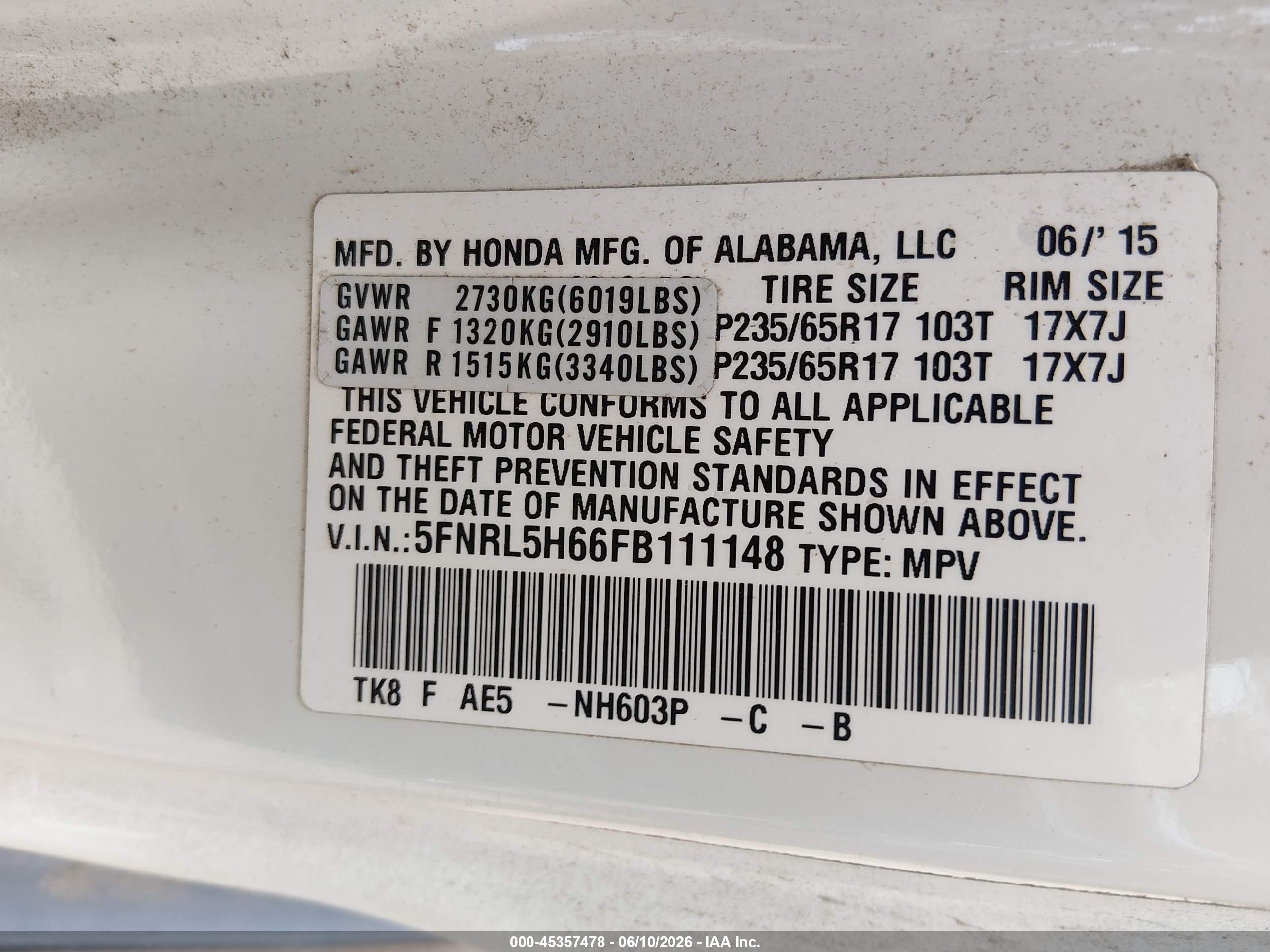 2015 Honda Odyssey Ex-l Белый vin: 5FNRL5H66FB111148