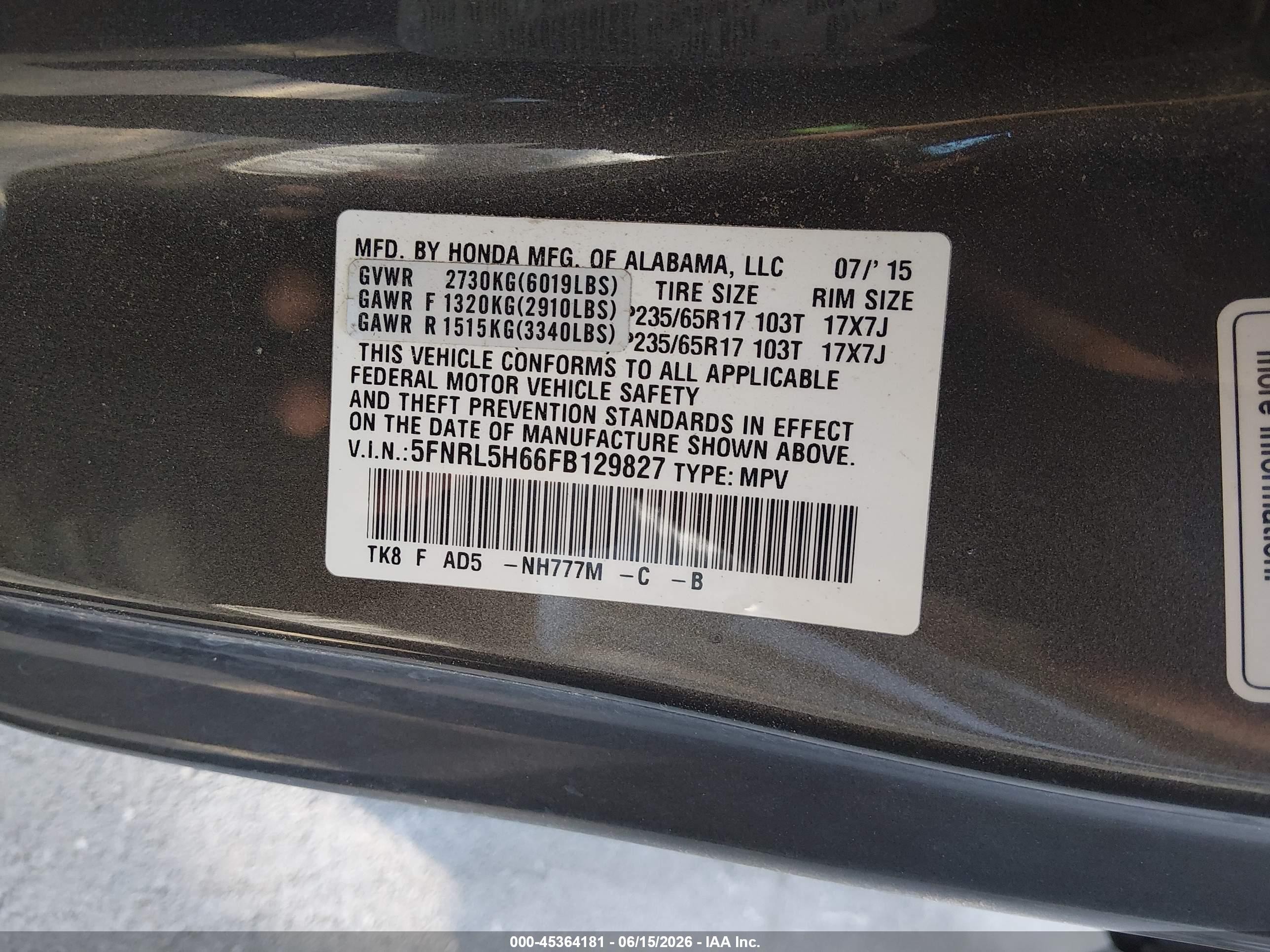 2015 Honda Odyssey Ex-l Gray vin: 5FNRL5H66FB129827