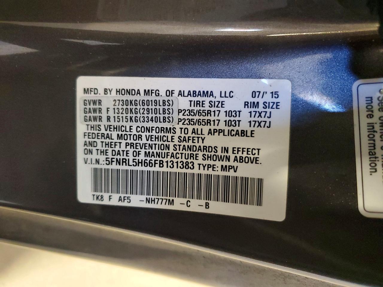 2015 Honda Odyssey Exl Gray vin: 5FNRL5H66FB131383
