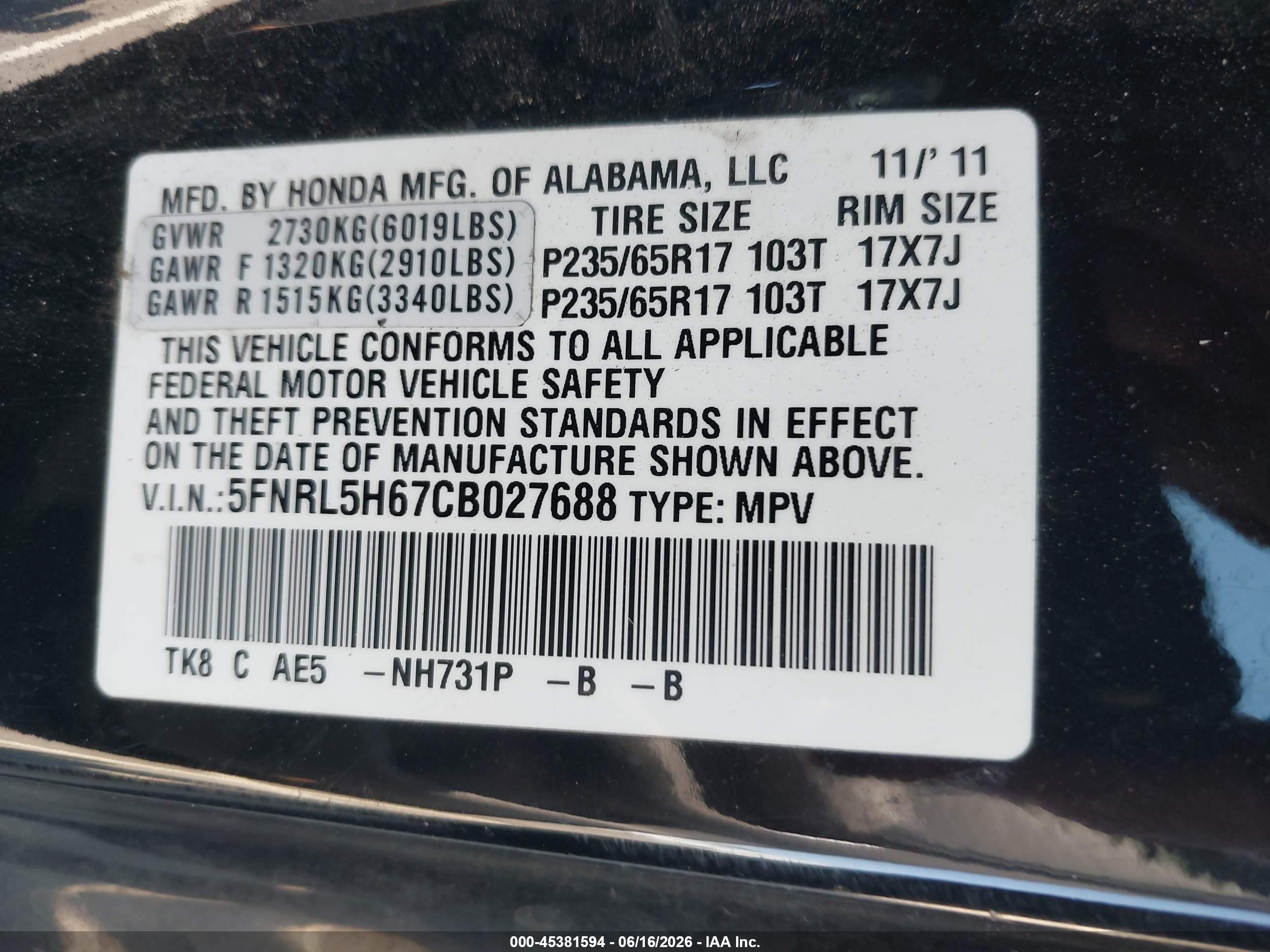 2012 Honda Odyssey Ex-l Black vin: 5FNRL5H67CB027688