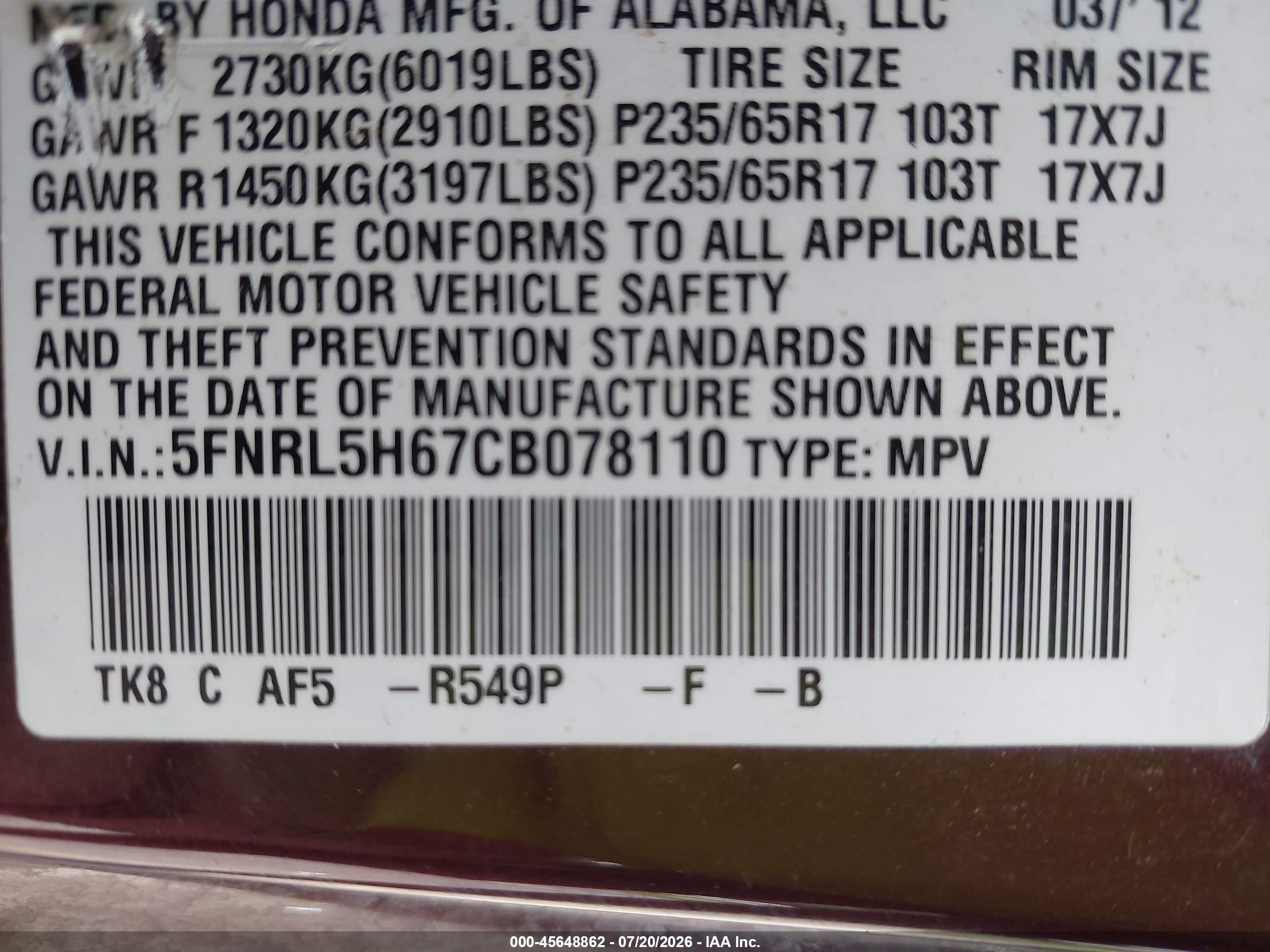 2012 Honda Odyssey Ex-l Burgundy vin: 5FNRL5H67CB078110
