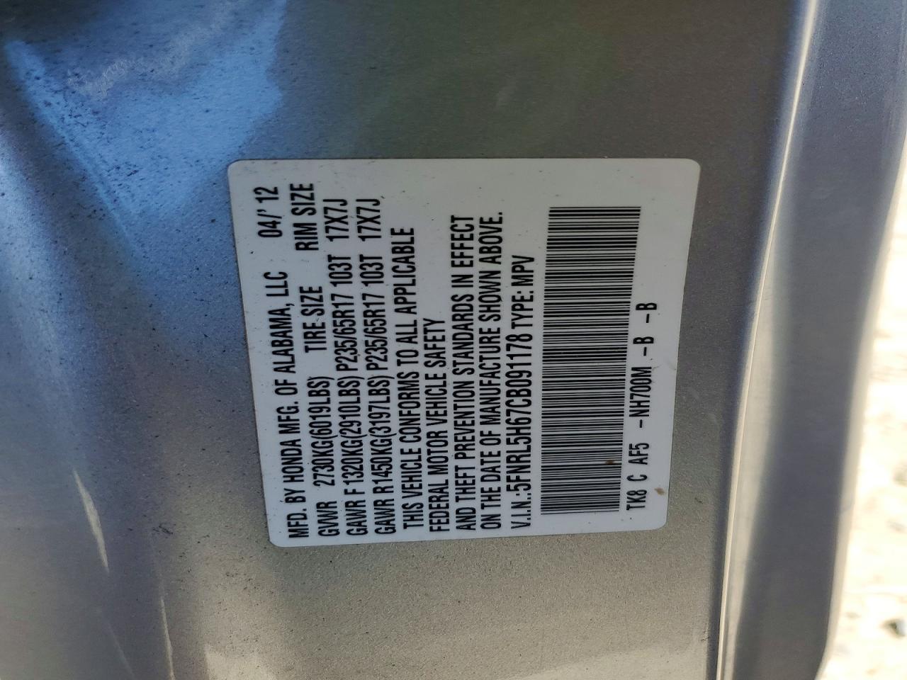 2012 Honda Odyssey Exl Silver vin: 5FNRL5H67CB091178