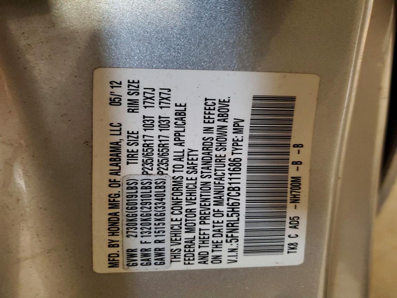 2012 Honda Odyssey Exl Silver vin: 5FNRL5H67CB111686