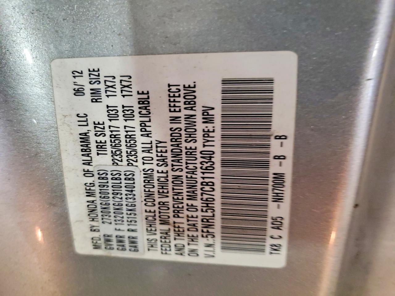 2012 Honda Odyssey Exl Silver vin: 5FNRL5H67CB116340