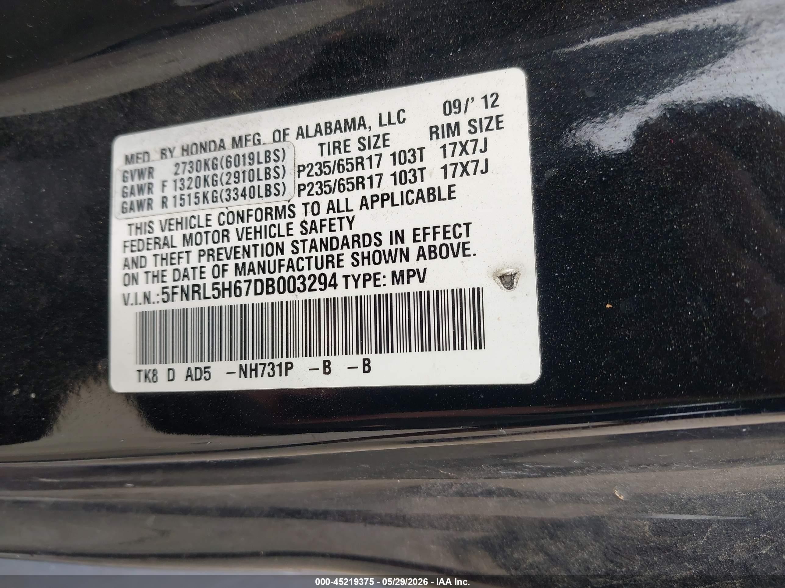 2013 Honda Odyssey Ex-l Black vin: 5FNRL5H67DB003294