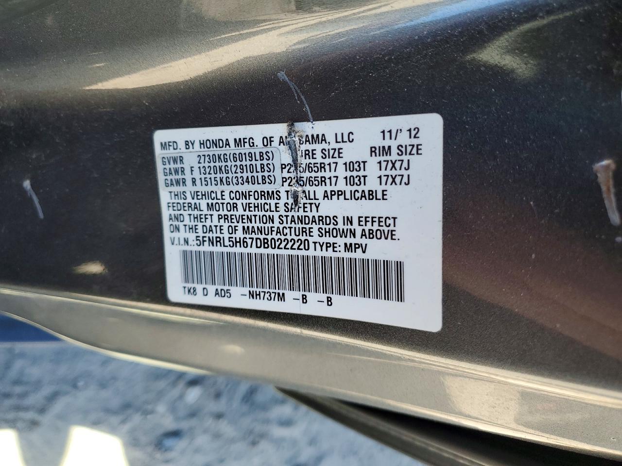 2013 Honda Odyssey Exl Gray vin: 5FNRL5H67DB022220