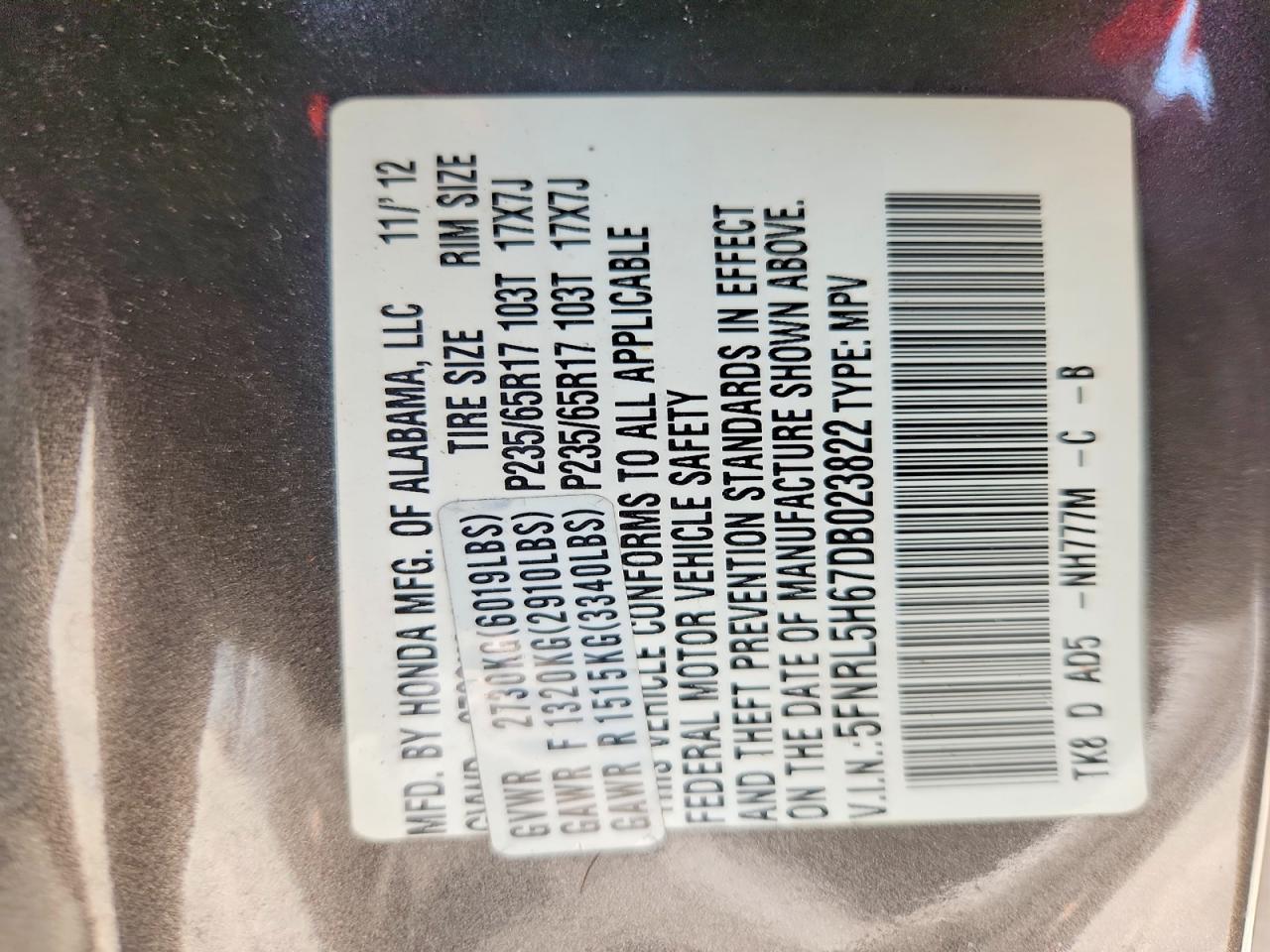 2013 Honda Odyssey Exl Gray vin: 5FNRL5H67DB023822