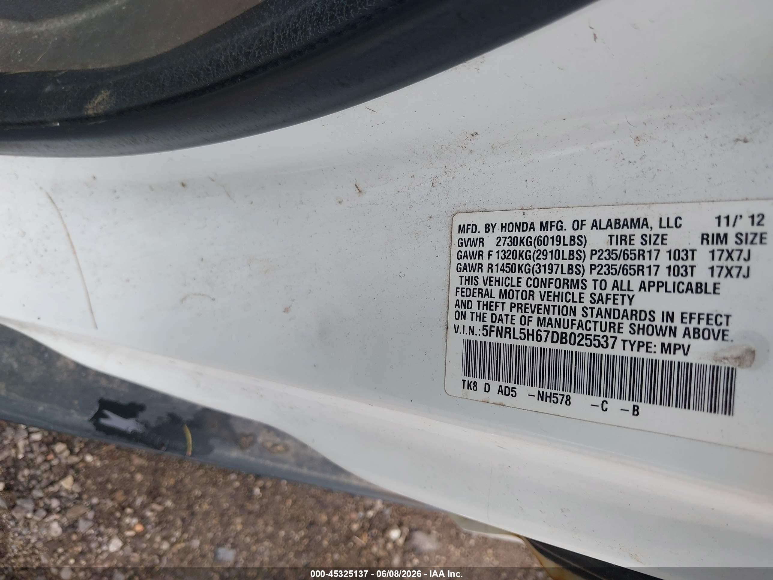 2013 Honda Odyssey Ex-l White vin: 5FNRL5H67DB025537
