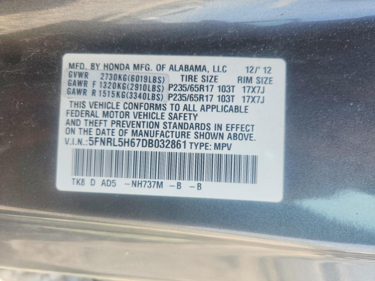 2013 Honda Odyssey Exl Gray vin: 5FNRL5H67DB032861