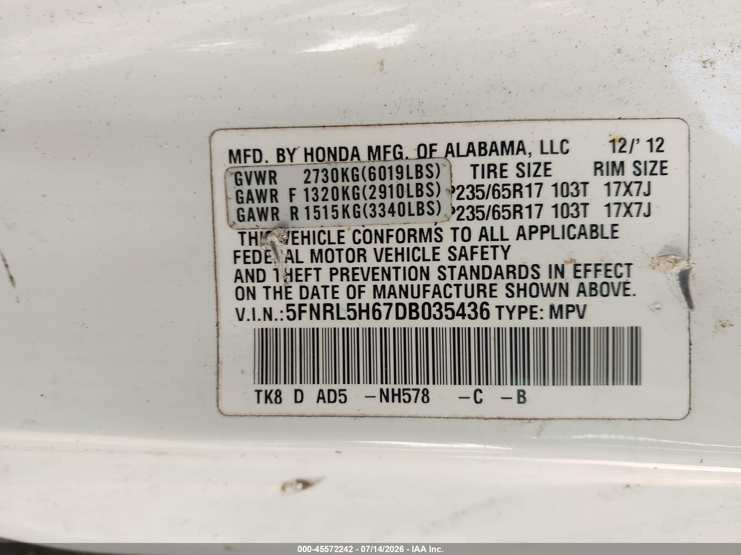 2013 Honda Odyssey Ex-l Белый vin: 5FNRL5H67DB035436