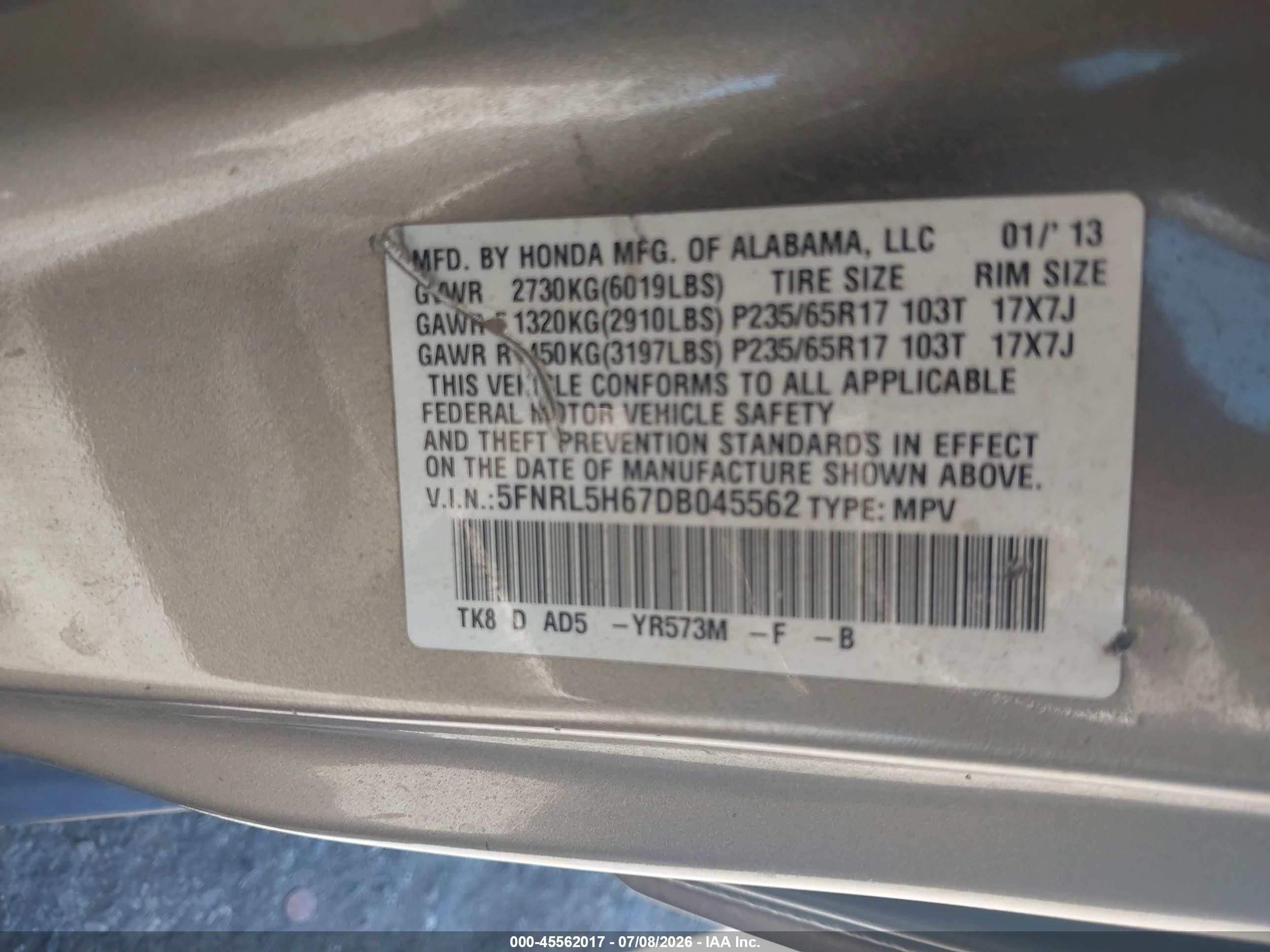 2013 Honda Odyssey Ex-l Beige vin: 5FNRL5H67DB045562