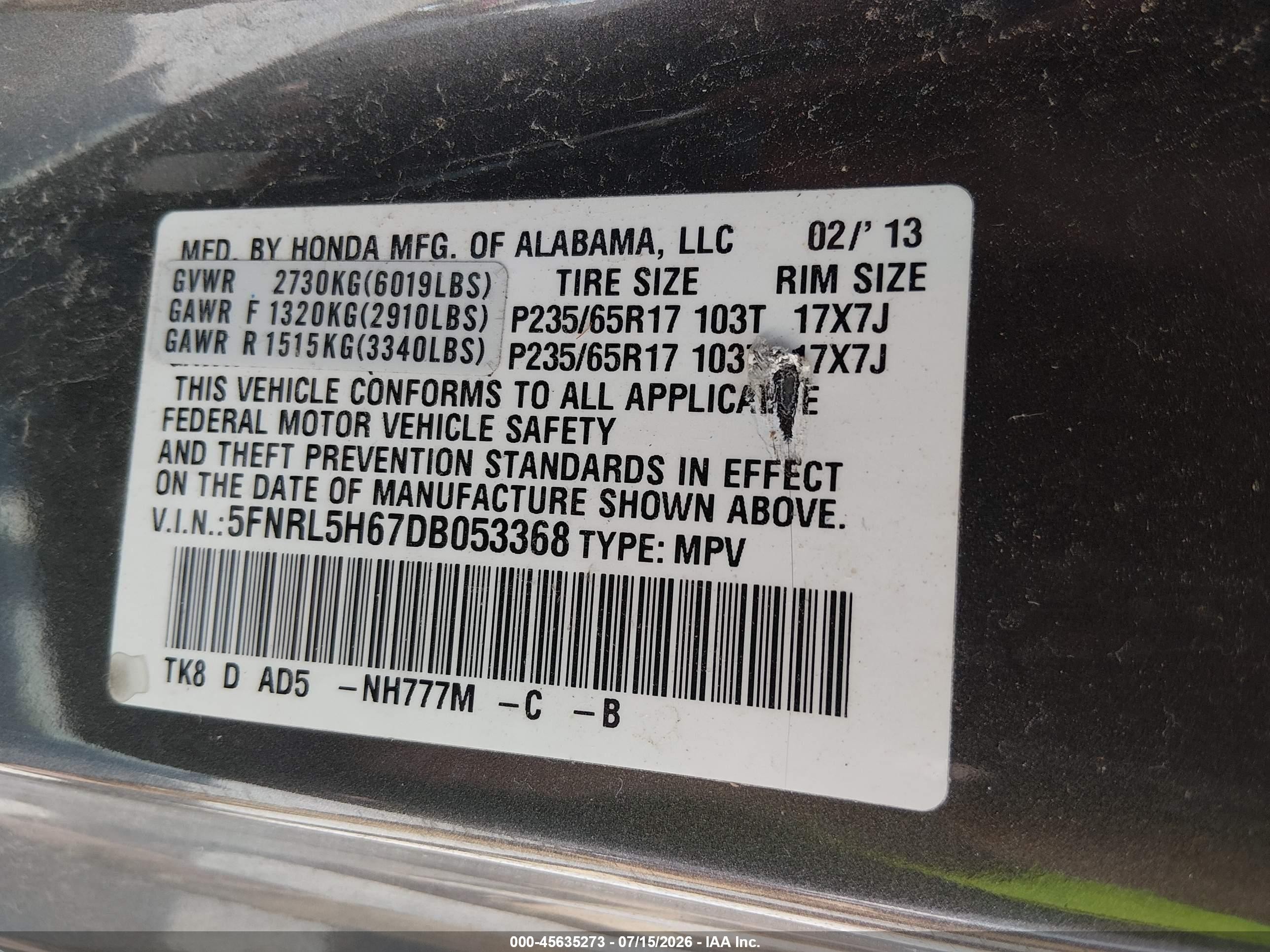2013 Honda Odyssey Ex-l Gray vin: 5FNRL5H67DB053368