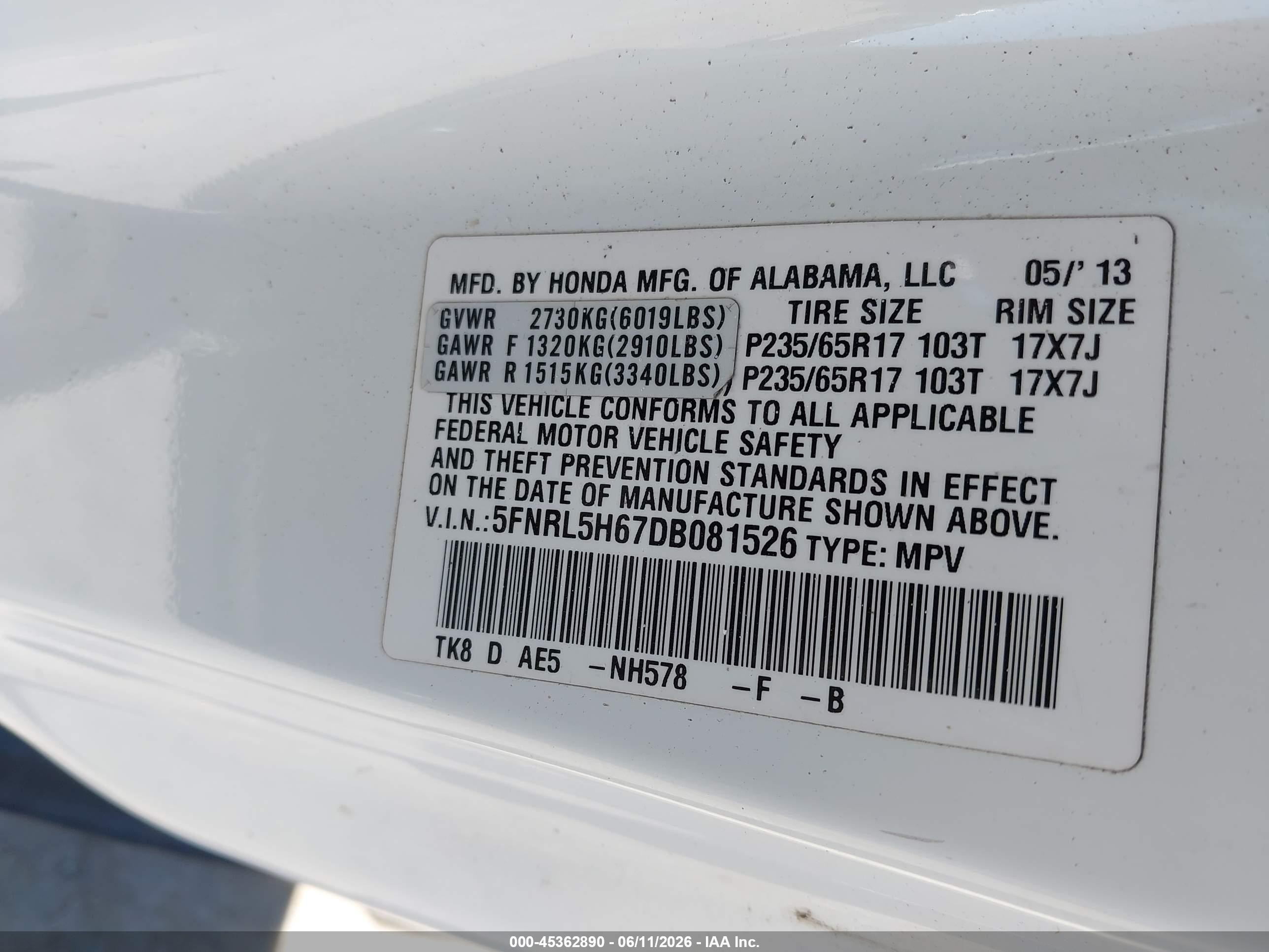 2013 Honda Odyssey Ex-l White vin: 5FNRL5H67DB081526