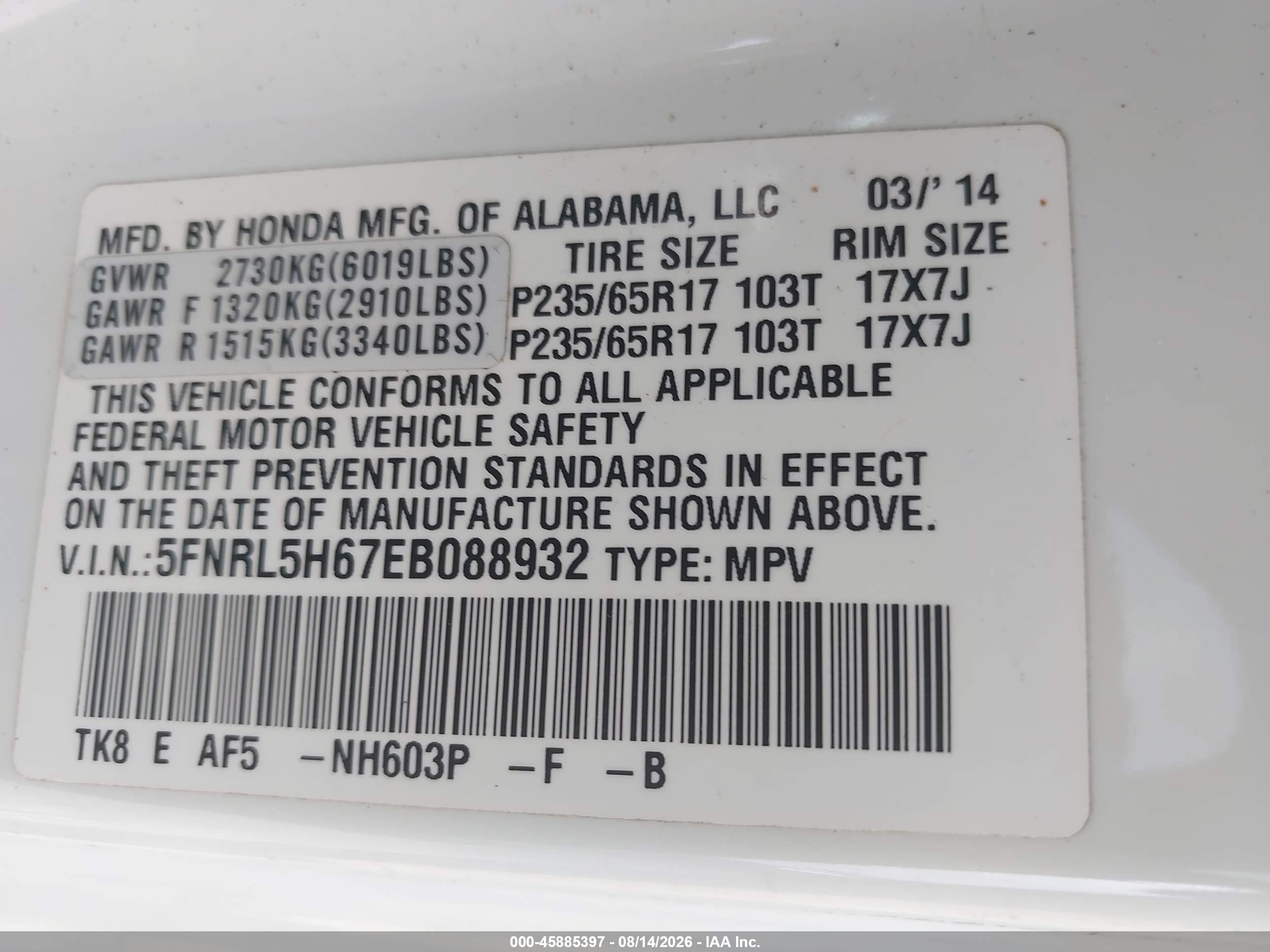 2014 Honda Odyssey Ex-l White vin: 5FNRL5H67EB088932