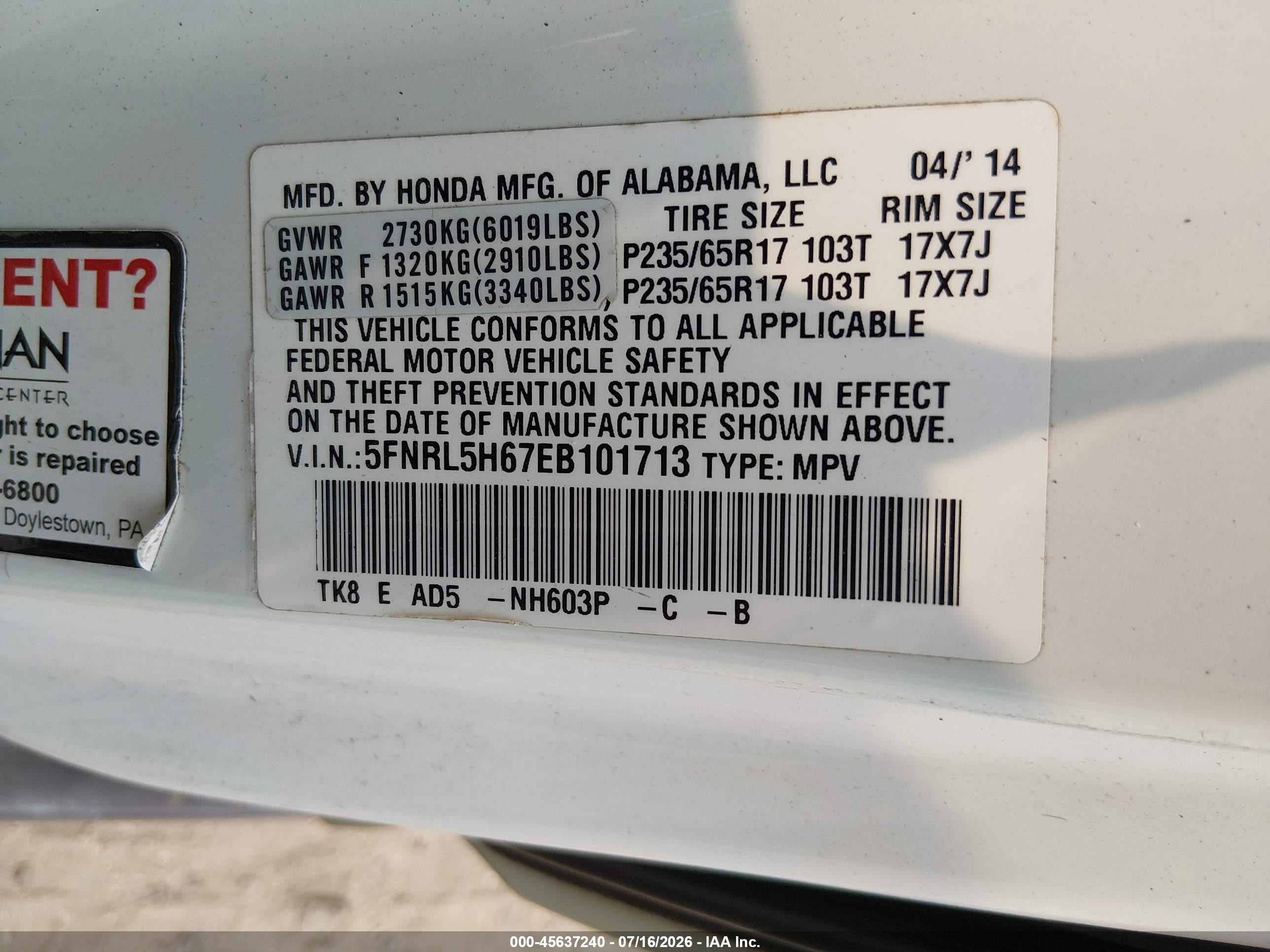 2014 Honda Odyssey Ex-l White vin: 5FNRL5H67EB101713
