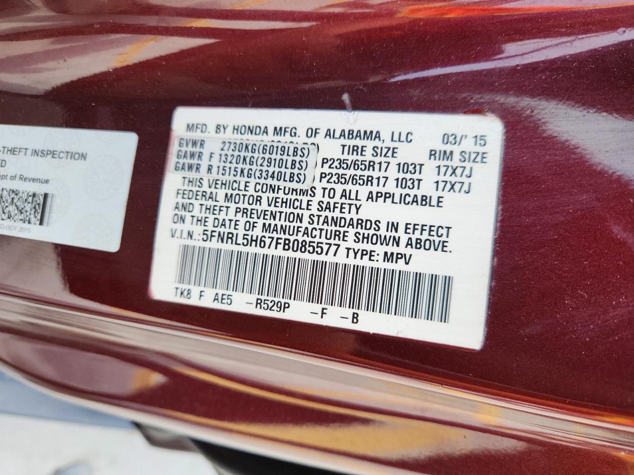 2015 Honda Odyssey Maroon vin: 5FNRL5H67FB085577