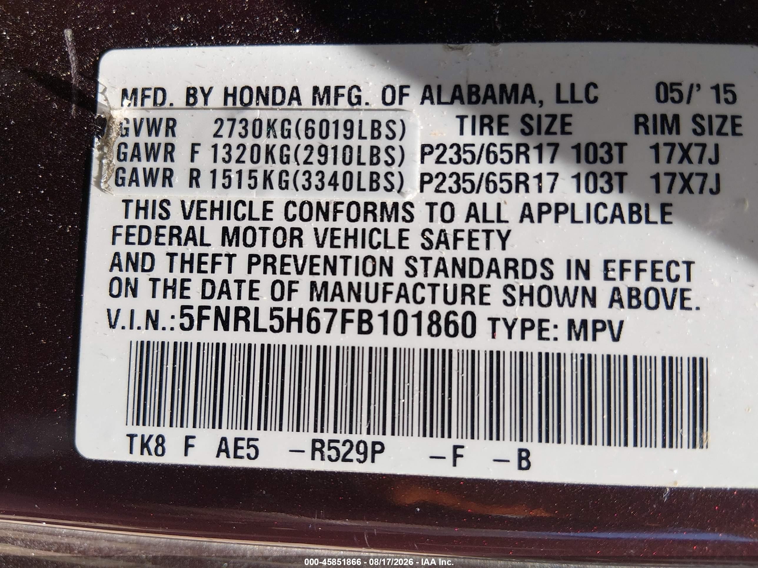 2015 Honda Odyssey Ex-l Burgundy vin: 5FNRL5H67FB101860