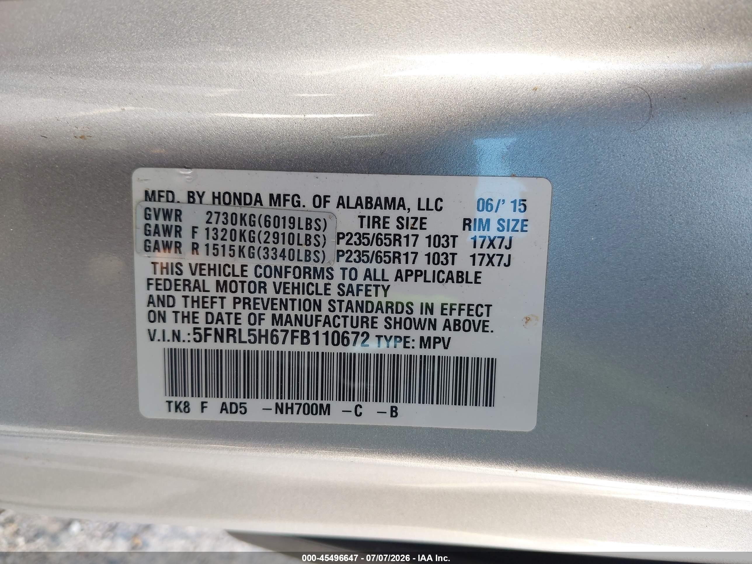 2015 Honda Odyssey Ex-l Silver vin: 5FNRL5H67FB110672