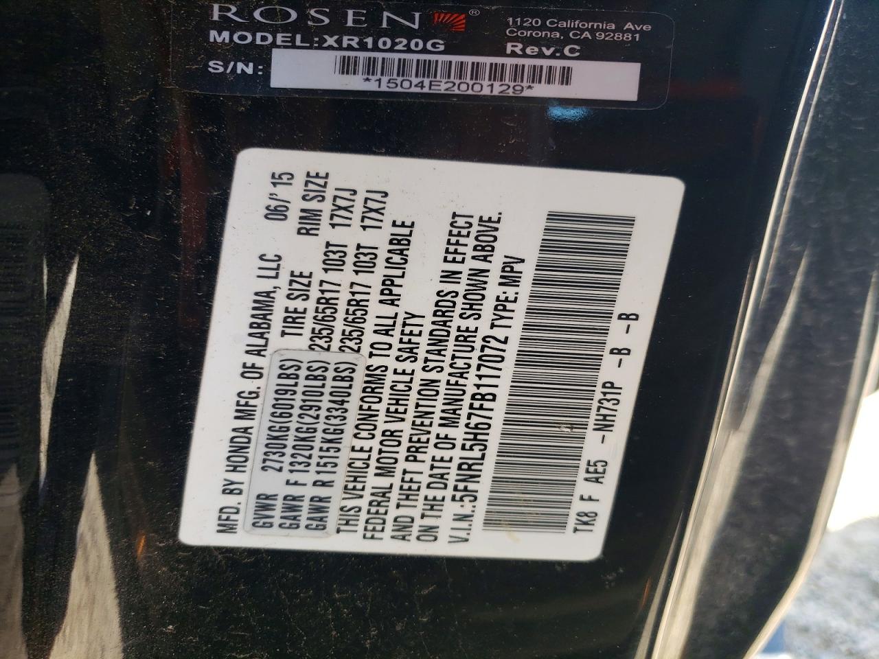 2015 Honda Odyssey Exl Black vin: 5FNRL5H67FB117072