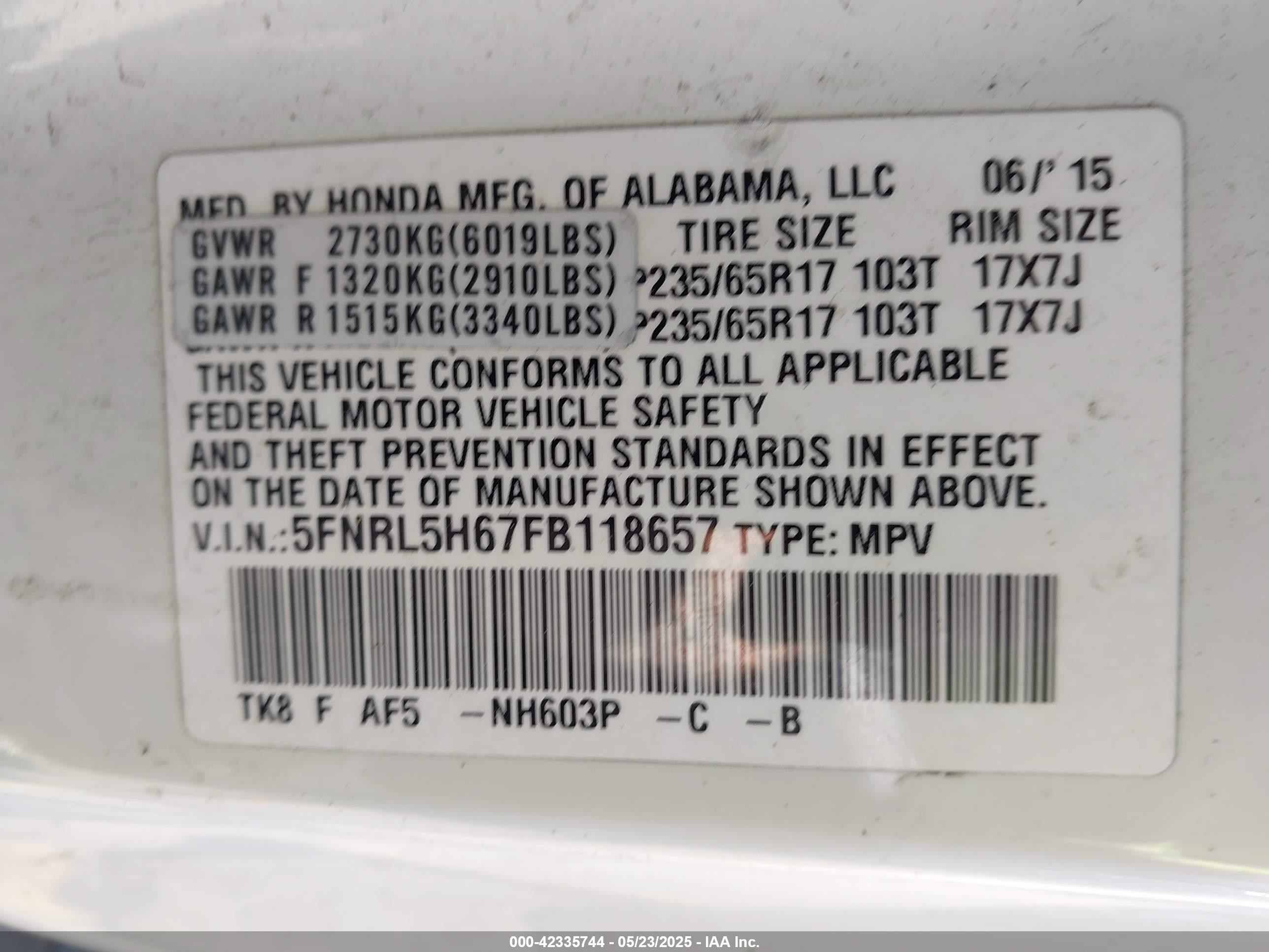 2015 Honda Odyssey Ex-l White vin: 5FNRL5H67FB118657