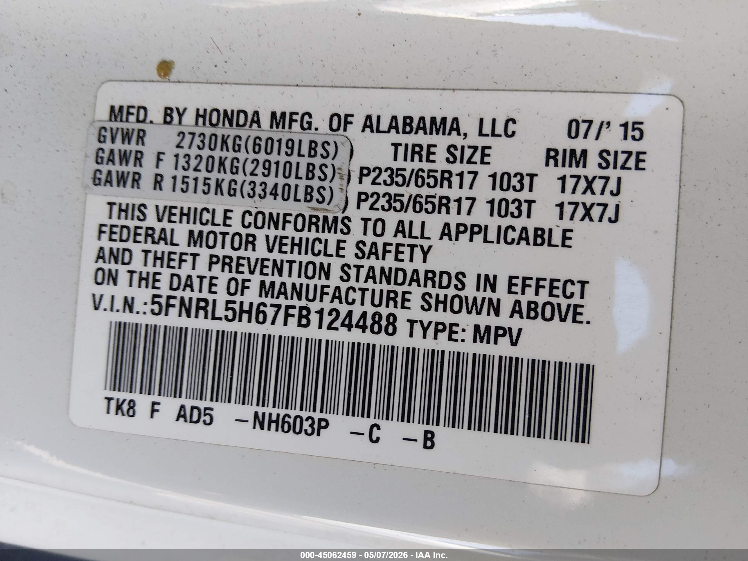 2015 Honda Odyssey Ex-l White vin: 5FNRL5H67FB124488