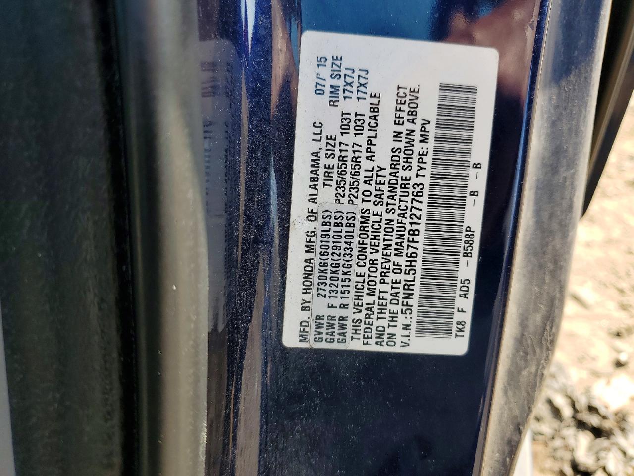 2015 Honda Odyssey Exl Blue vin: 5FNRL5H67FB127763