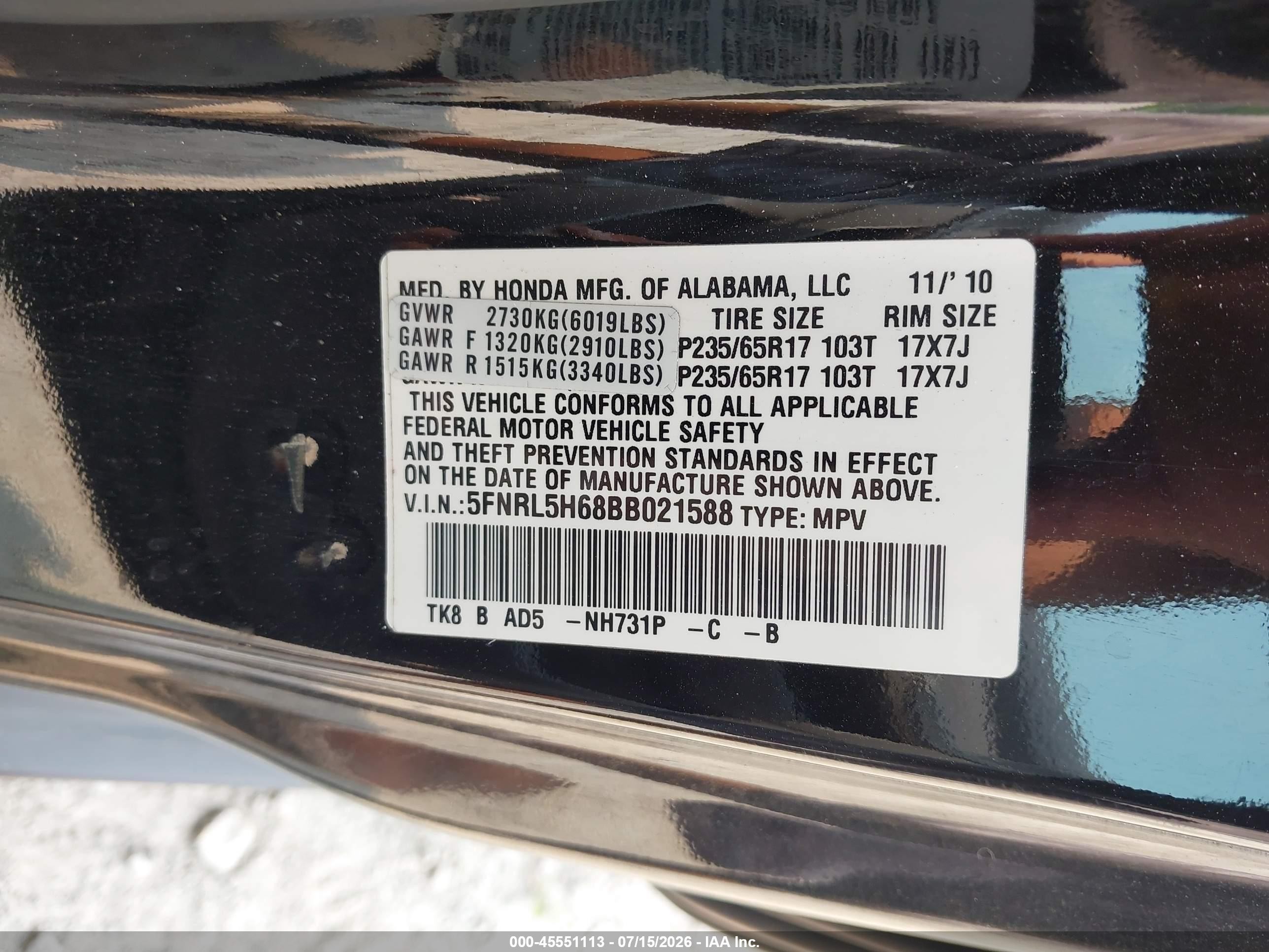 2011 Honda Odyssey Ex-l Black vin: 5FNRL5H68BB021588