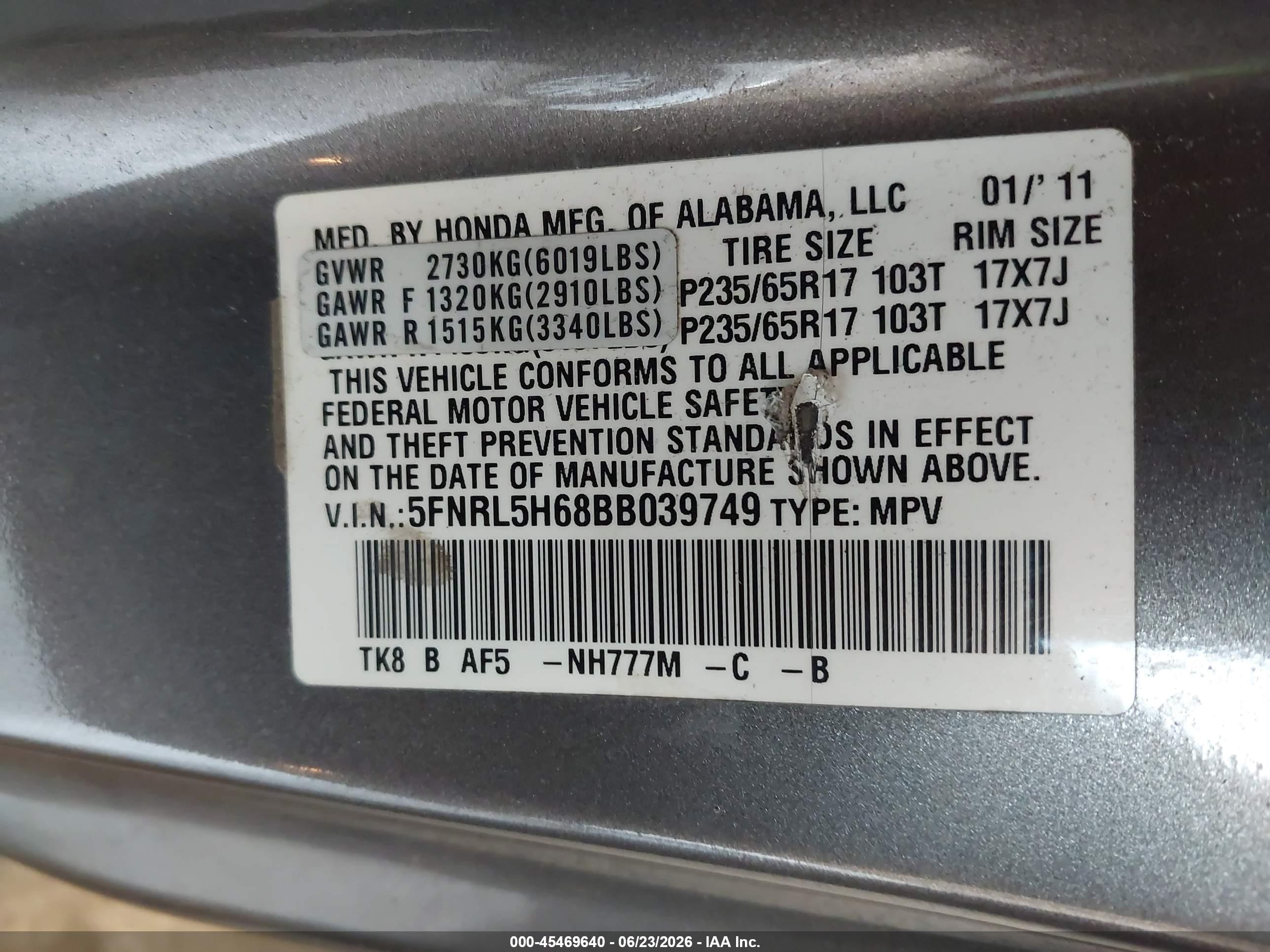 2011 Honda Odyssey Ex-l Gray vin: 5FNRL5H68BB039749