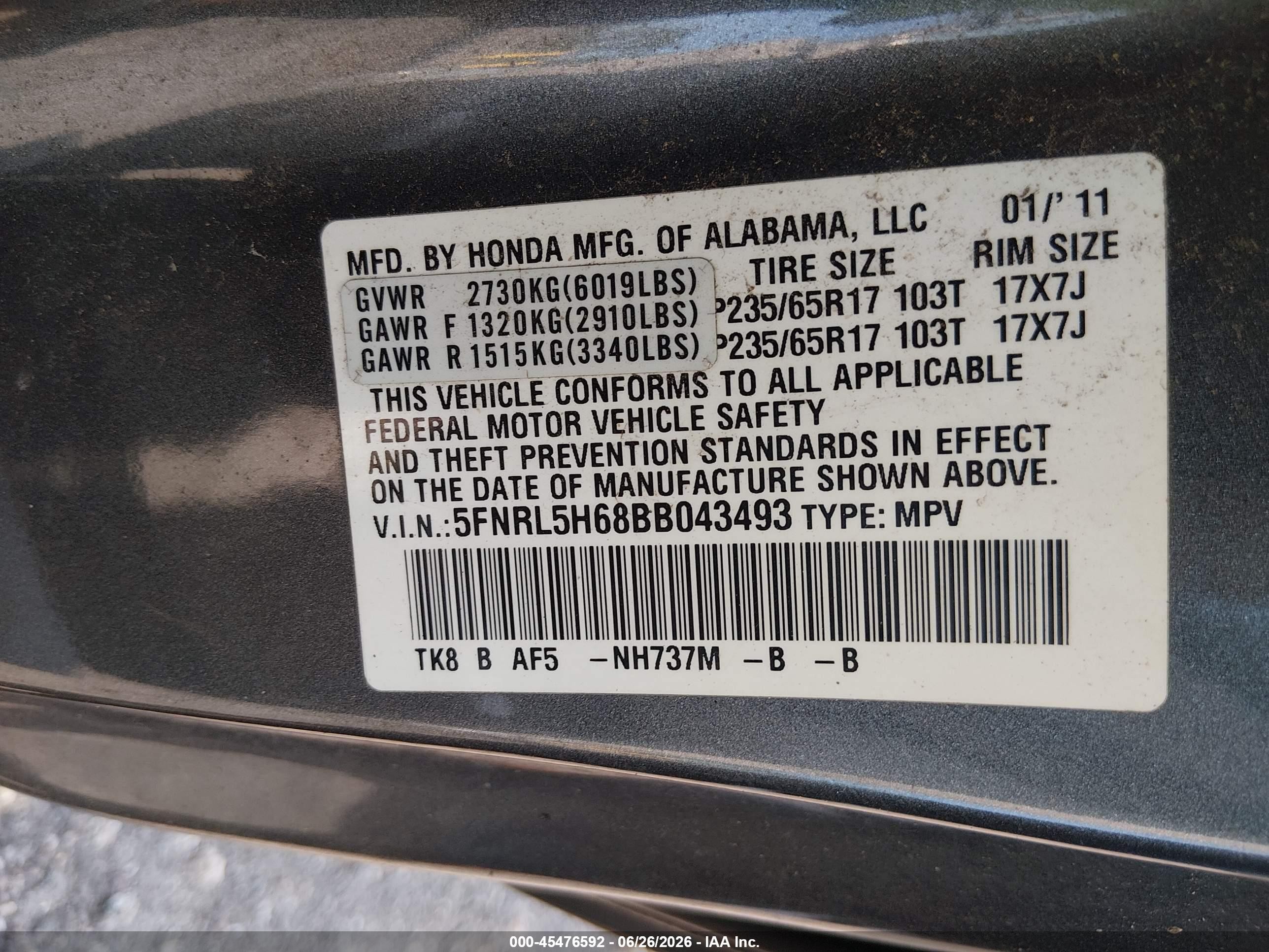 2011 Honda Odyssey Ex-l Gray vin: 5FNRL5H68BB043493