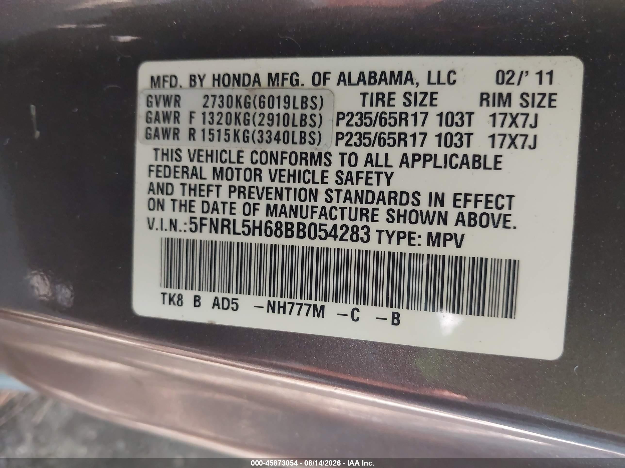 2011 Honda Odyssey Ex-l Gray vin: 5FNRL5H68BB054283
