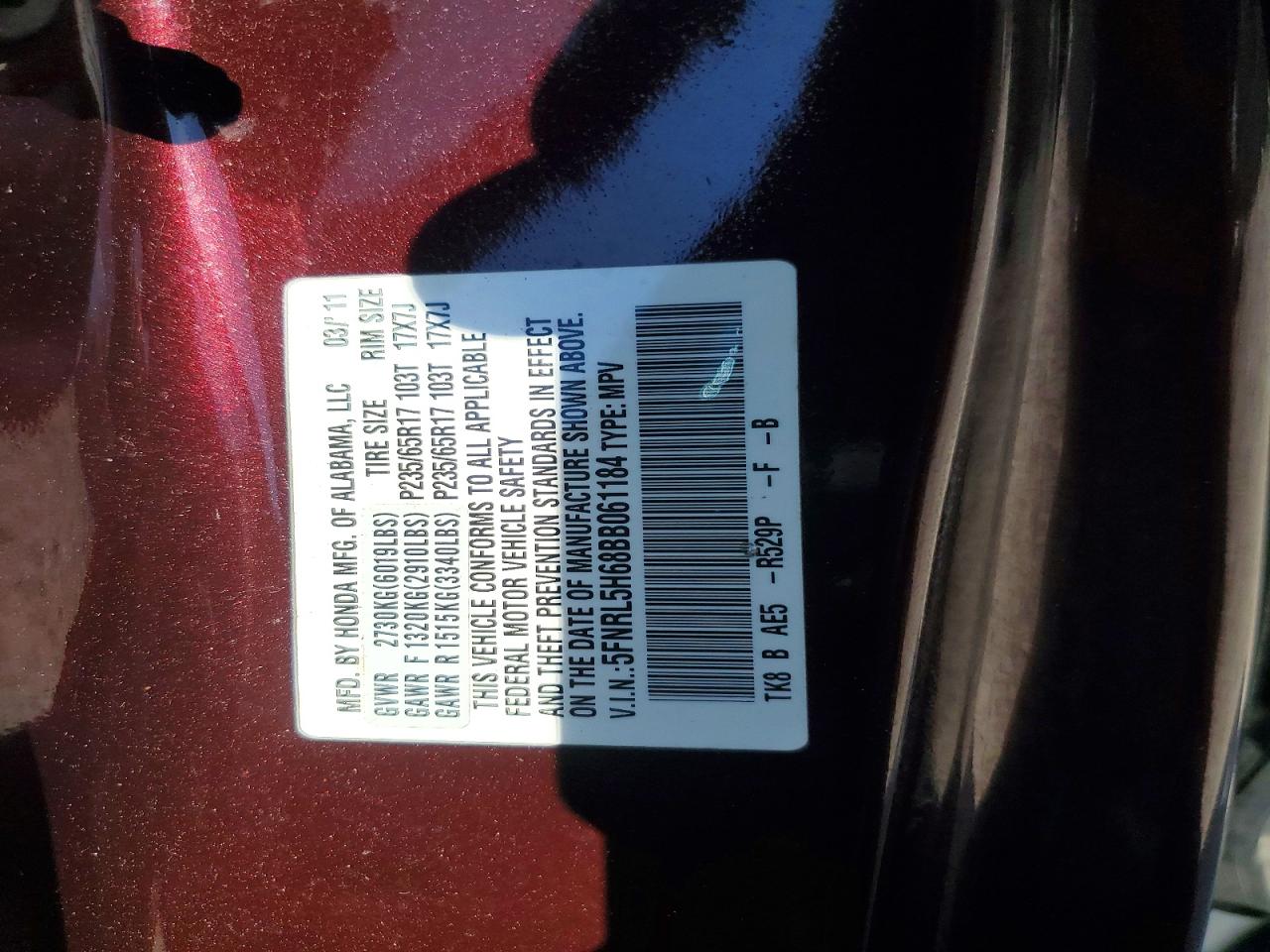 2011 Honda Odyssey Exl Burgundy vin: 5FNRL5H68BB061184
